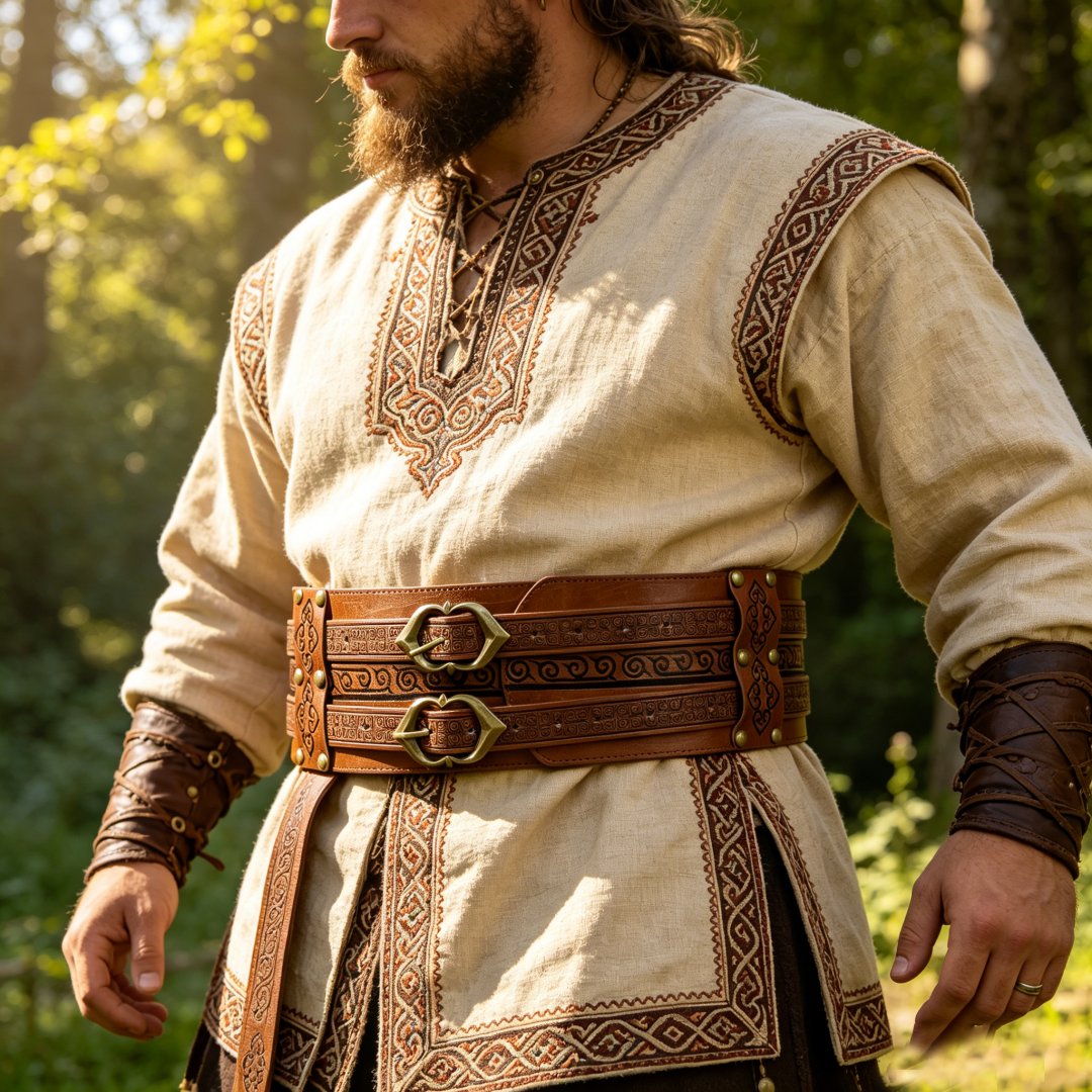 Ceinture large en cuir gaufré style Viking, avec double boucle médiévale pour LARP et Cosplay