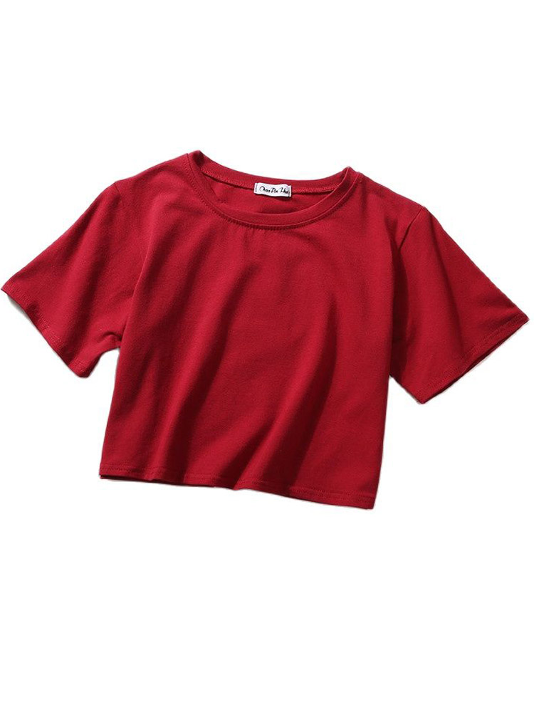 Été à manches courtes t-shirts femmes solide T-shirt col rond taille haute haut court T-shirt femme décontracté ample T-shirt