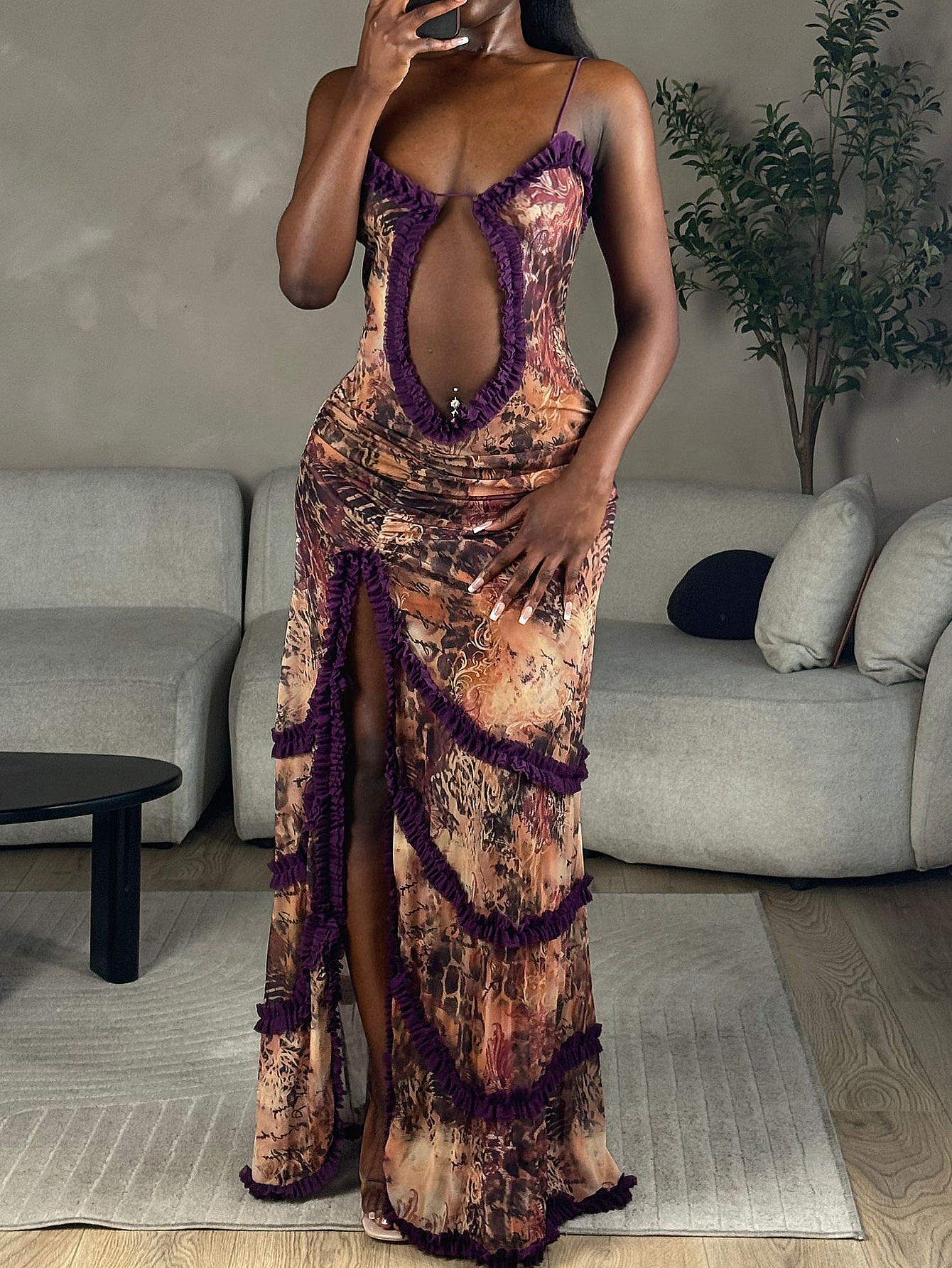 Robe sexy pour femmes, ligne creuse, fente haute, robe fendue en dentelle plissée