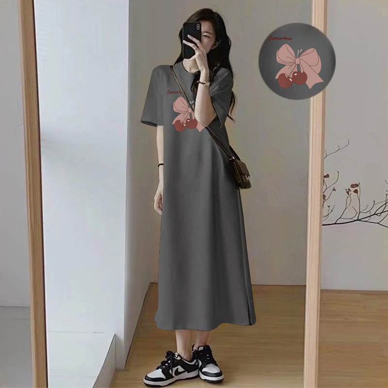 Robe longue décontractée pour femme style coréen, motif cerise et nœud mignon, coupe ample, manches courtes, col rond, pour l'été