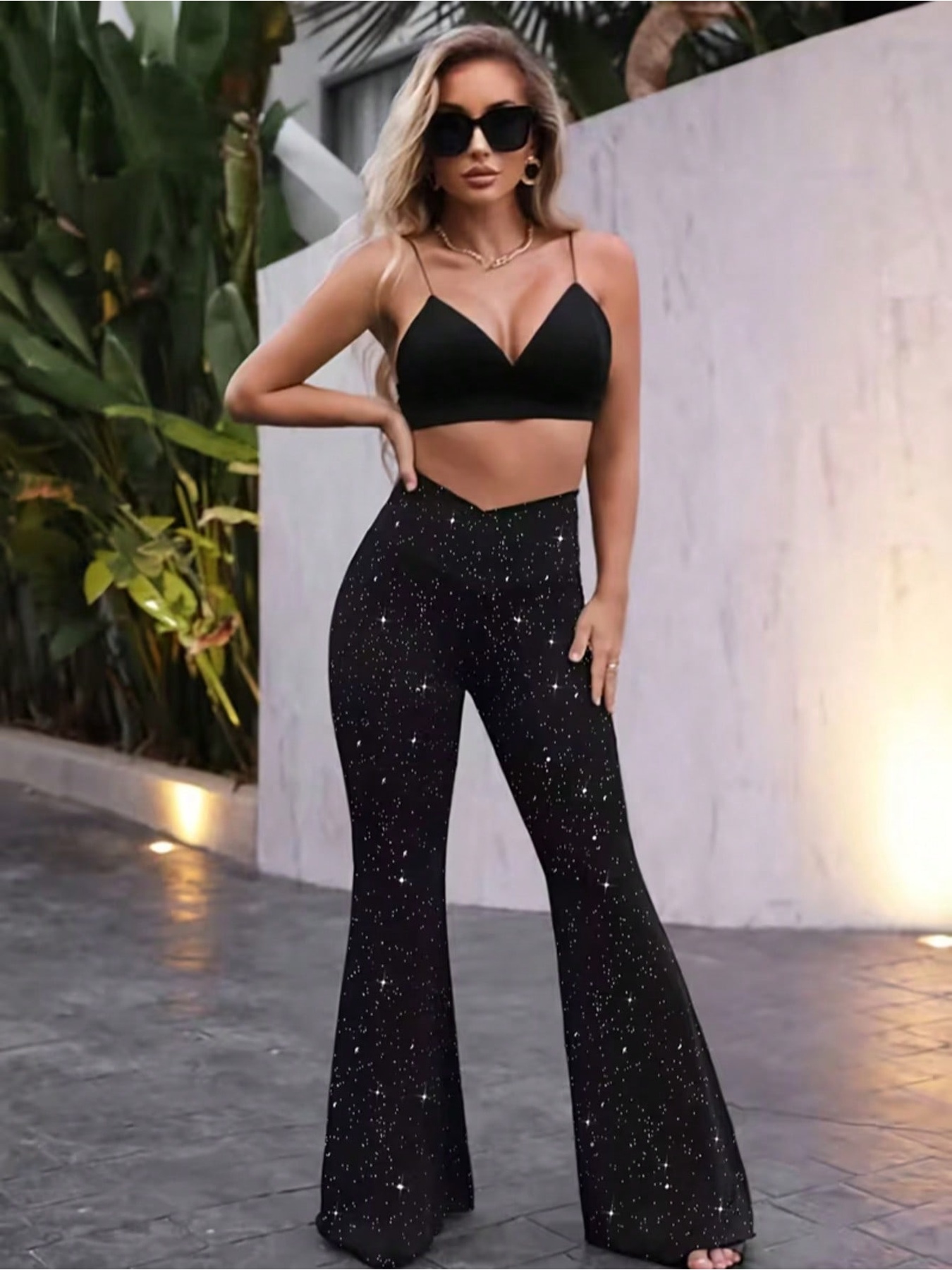 Pantalon long évasé à taille cintrée, confortable et décontracté, couleur unie, avec sequins, élégant pour femme