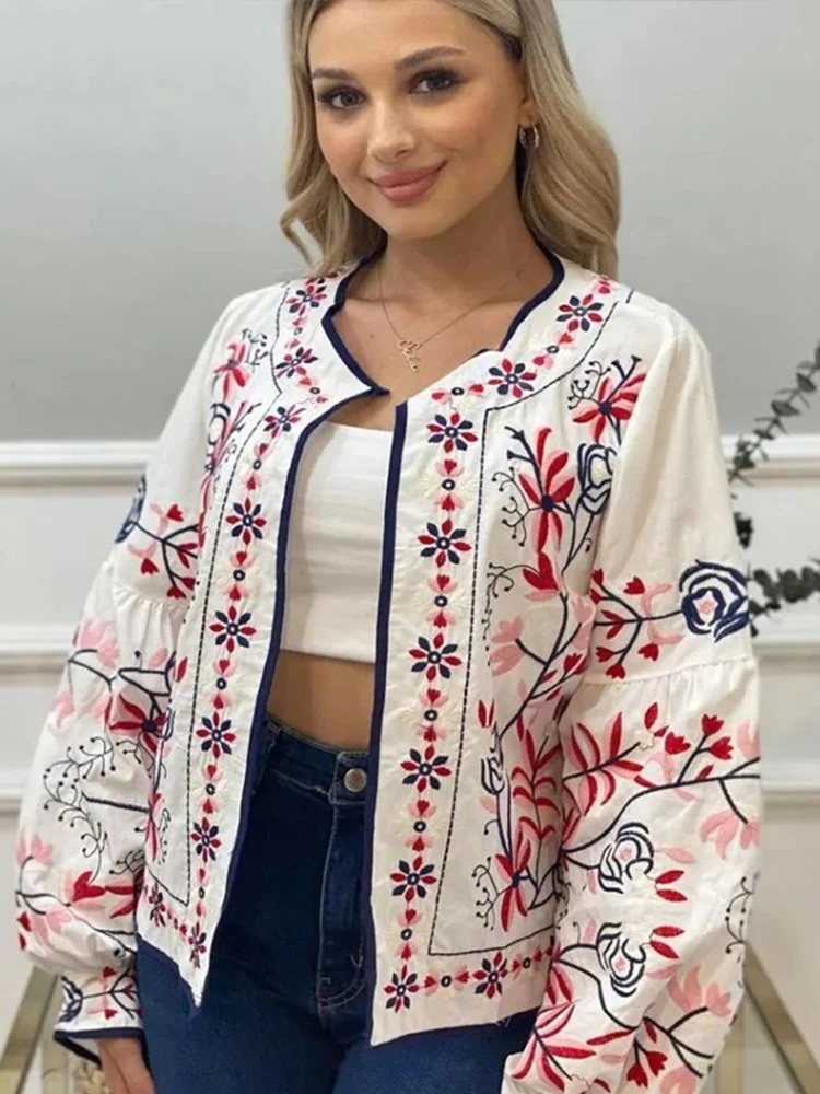 Manteau à col rond à imprimé floral pour femmes, cardigan à manches longues bouffantes, veste de rue chic pour dames, vêtements de vacances, début de l'automne, mode, 2024