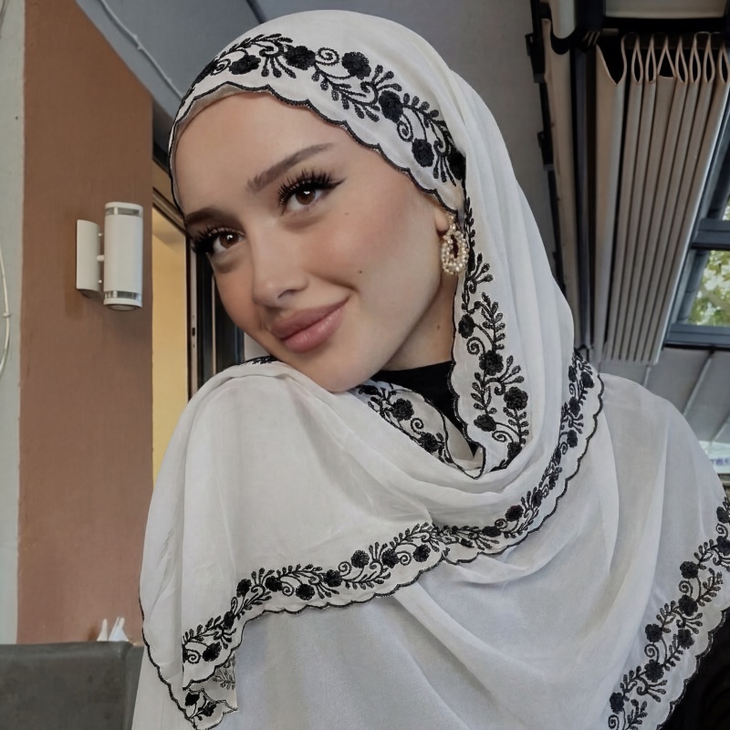 Hijab musulman de luxe en mousseline brodée, léger et doux pour la peau, élégant foulard bandana pour soirée, dîner ou rendez-vous