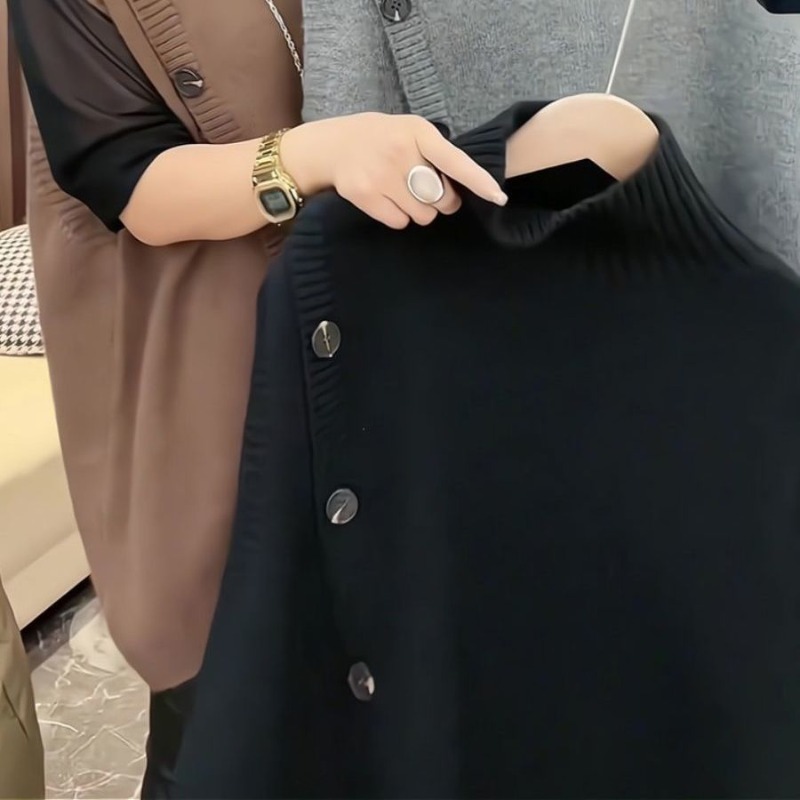 Femmes sans manches longs pull gilets Vintage irrégulière épissé bouton tricots vêtements d'extérieur pulls élégant col roulé gilets amples