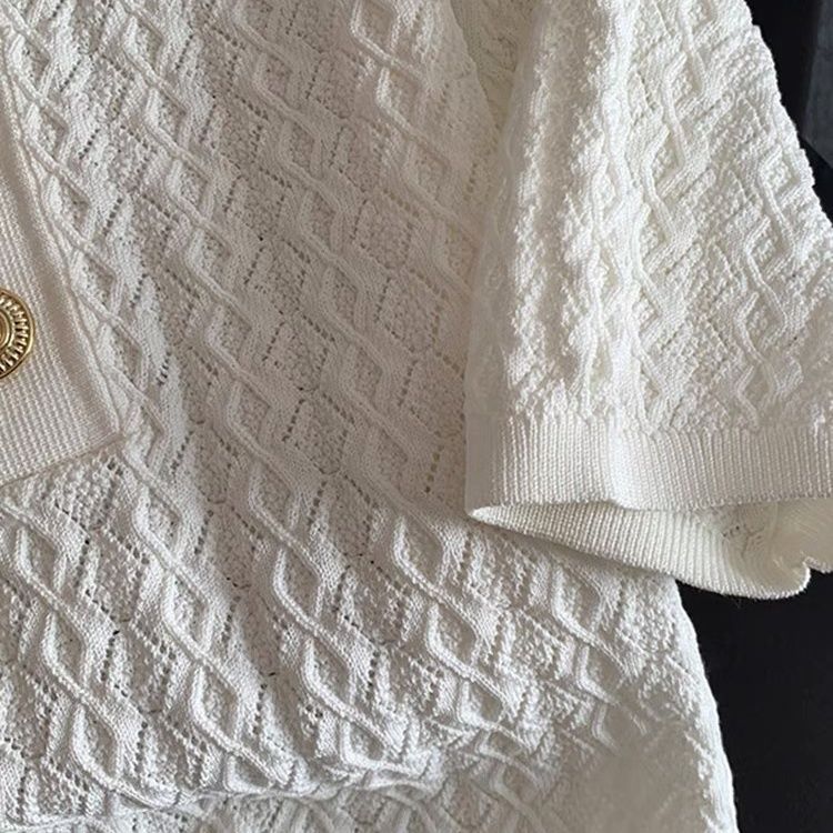 Polo chic en soie glacée haut de gamme pour femme, tricot jacquard unique, manches courtes, coupe ample, blanc, pour l'été