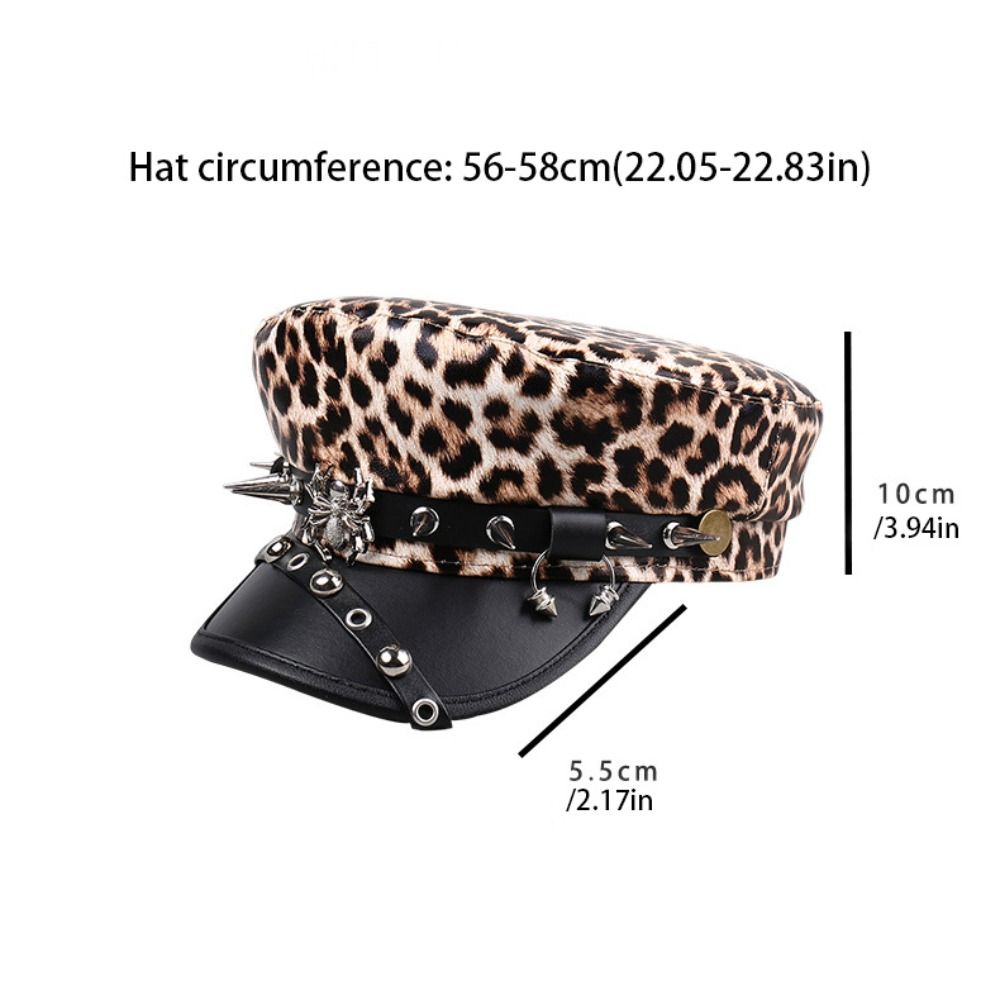 Chapeau léopard rétro hip-hop à rivets, style punk Harajuku Y2k, béret en cuir PU noir à dessus plat pour femmes