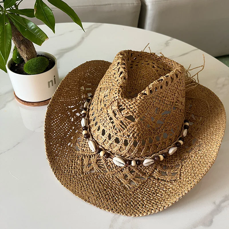 Chapeau de paille bohème d'été pour femmes et hommes, chapeaux de Cowboy de plage, perles en bois ajourées, chapeau de soleil occidental à large bord, casquette de vacances