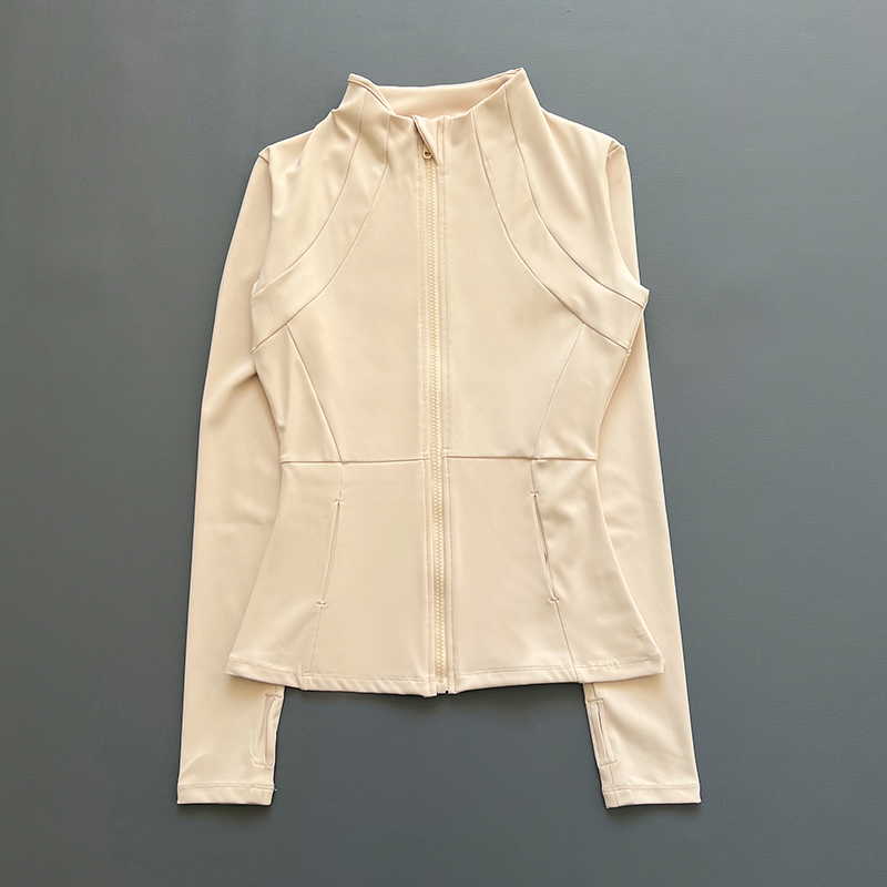 Veste de yoga zippée pour femme, col montant, manches longues, coupe ajustée, avec poches et trous pour les pouces, pour le fitness, la course et les activités sportives