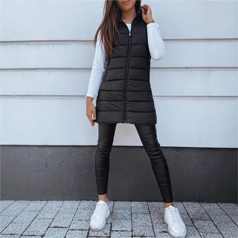 Femmes gilets longs bouffantes épais manteaux fermeture éclair matelassé rembourré gilet à capuche mi-long coton manteau gilet hiver chaud manteau d'extérieur
