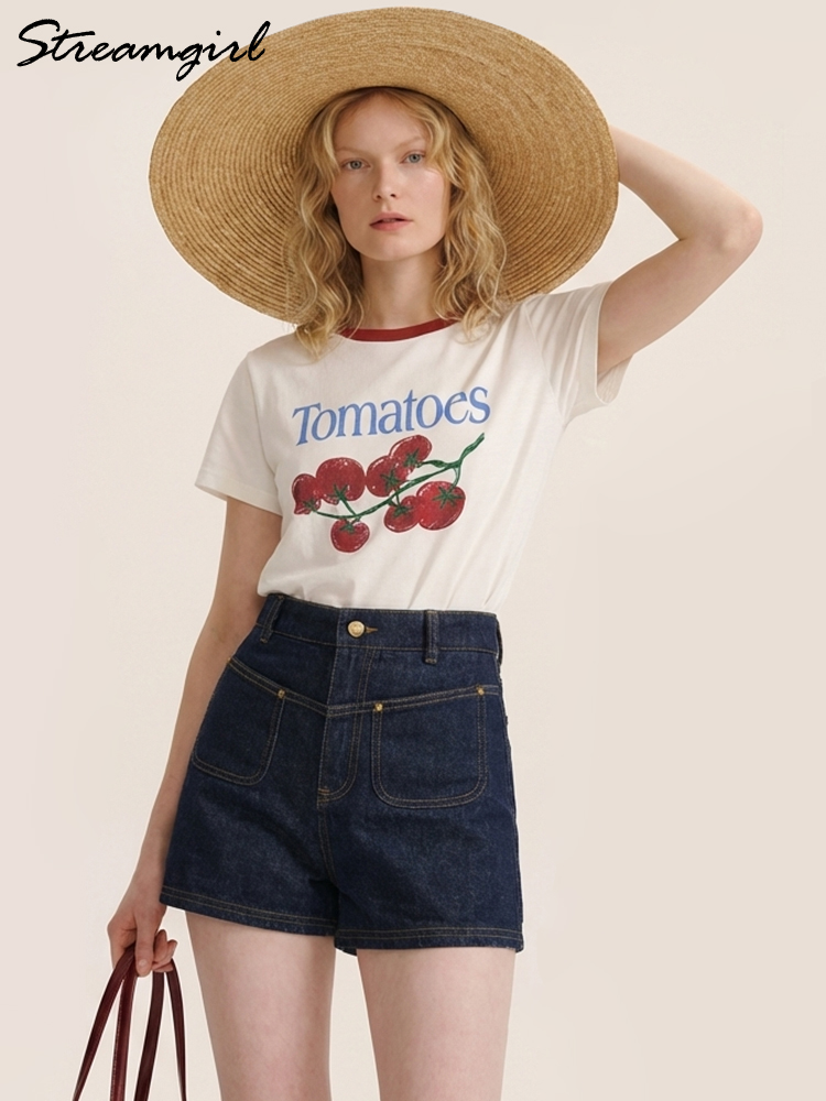 T-shirts d'été pour femmes, imprimés graphiques, coupe ajustée, motif tomates, hauts à manches courtes, color block, col rond, pour femmes
