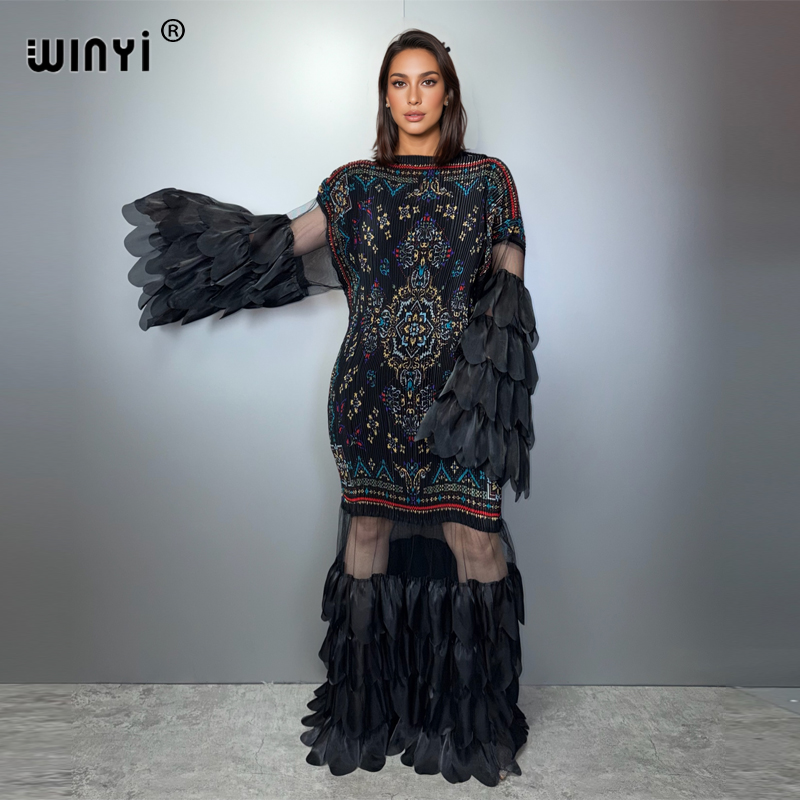 Robe plissée élastique WINYI, robe de plage, kaftan, abaya, robe de soirée de luxe Dubaï, robe de soirée rétro, abaya pour femme musulmane