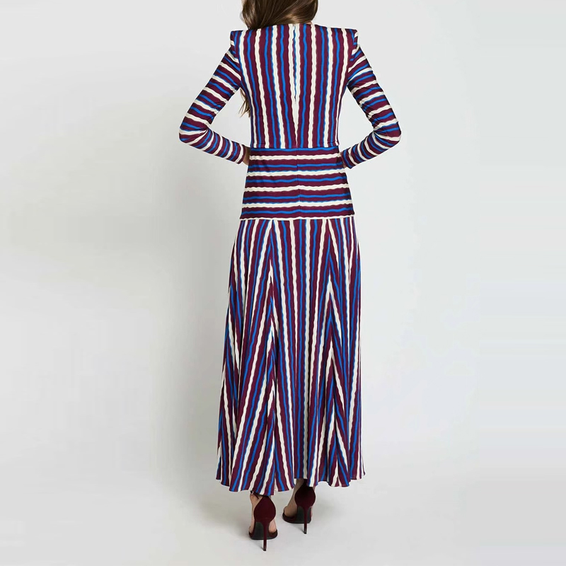 Robe longue à taille haute pour l'automne, à rayures vintage imprimées, style bohème, élégante, col rond, manches longues, pour femmes, idéale pour les vacances.