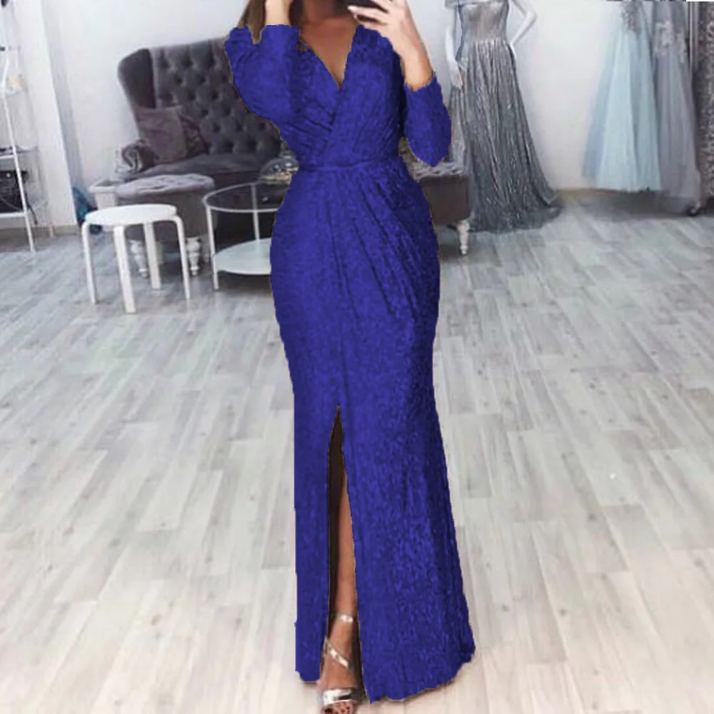 Robe de soirée froncée à paillettes pour femmes, fente haute, à paillettes, décolleté en V profond, manches longues, Sexy, nouvelle collection été 2023
