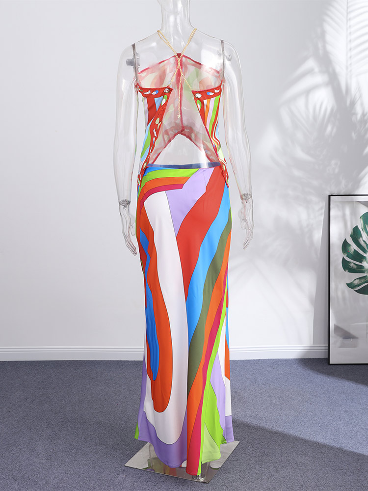 Nouvelle Collection Été 2025 : Ensemble Imprimé Chic pour Femme - Haut Halter Sans Manches Dos Nu et Jupe Longue pour Vacances à la Plage