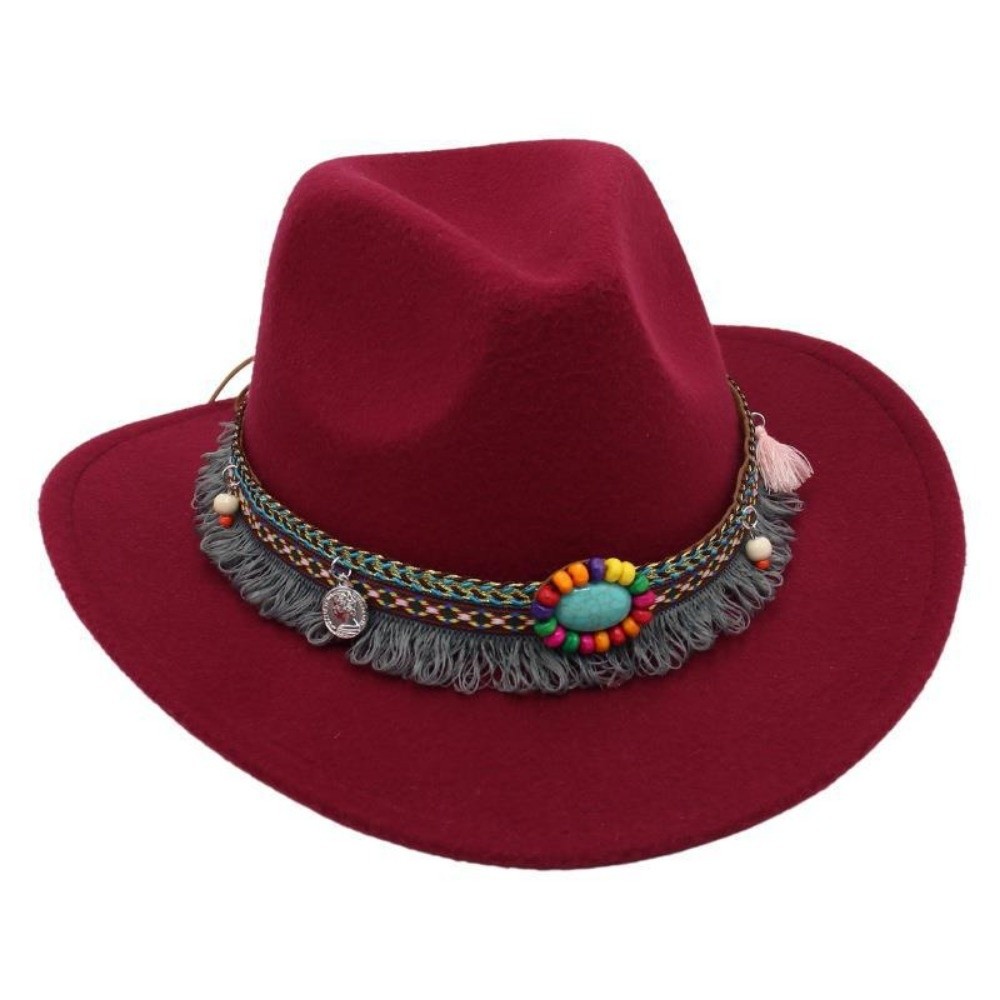 Chapeau de cowboy de style ethnique occidental, couleur unie avec pompons, chapeau tibétain à large bord, chapeau de cowgirl coloré à bord roulé en corde
