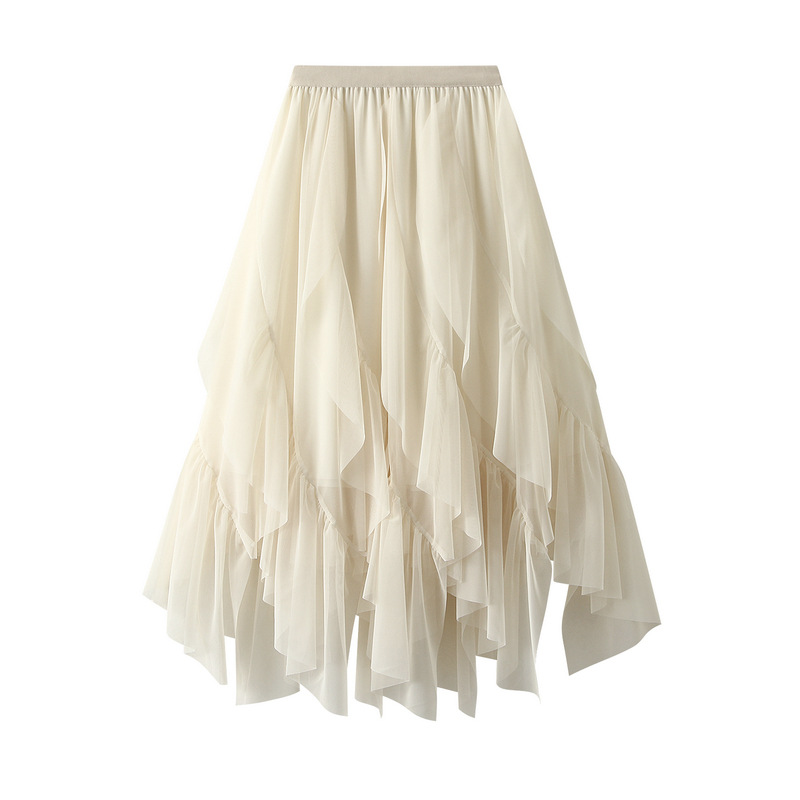Jupe mi-longue décontractée en maille à volants pour femmes, nouvelle collection d'été, slim, élastique, taille haute, doublure en maille unie, vêtements pour femmes