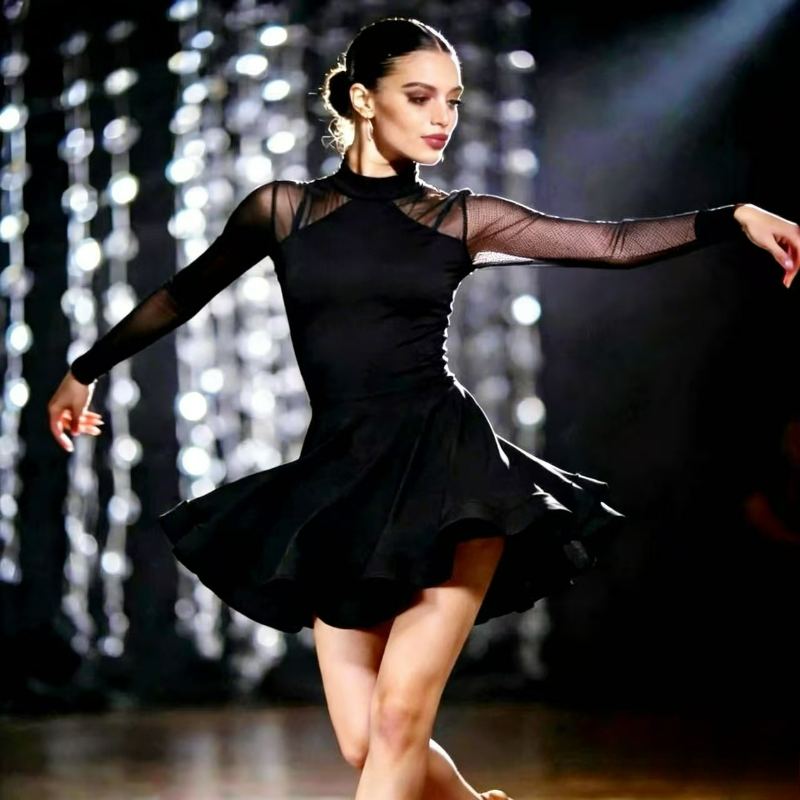 Robe de danse latine pour femmes adultes, manches longues, jupe en maille, vêtements d'entraînement, Cha Cha Rumba, tenue de scène, vêtements de danse de salon