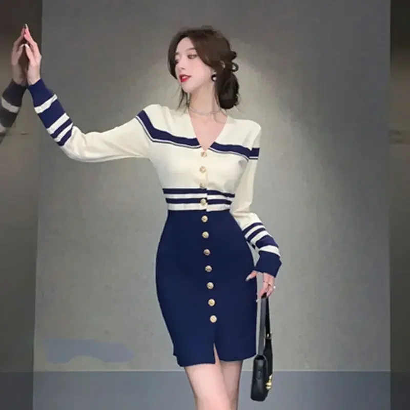 Robes au crochet pour femmes, col en V, vêtements esthétiques, rétro, luxe, haute qualité, hiver, automne, média, G X