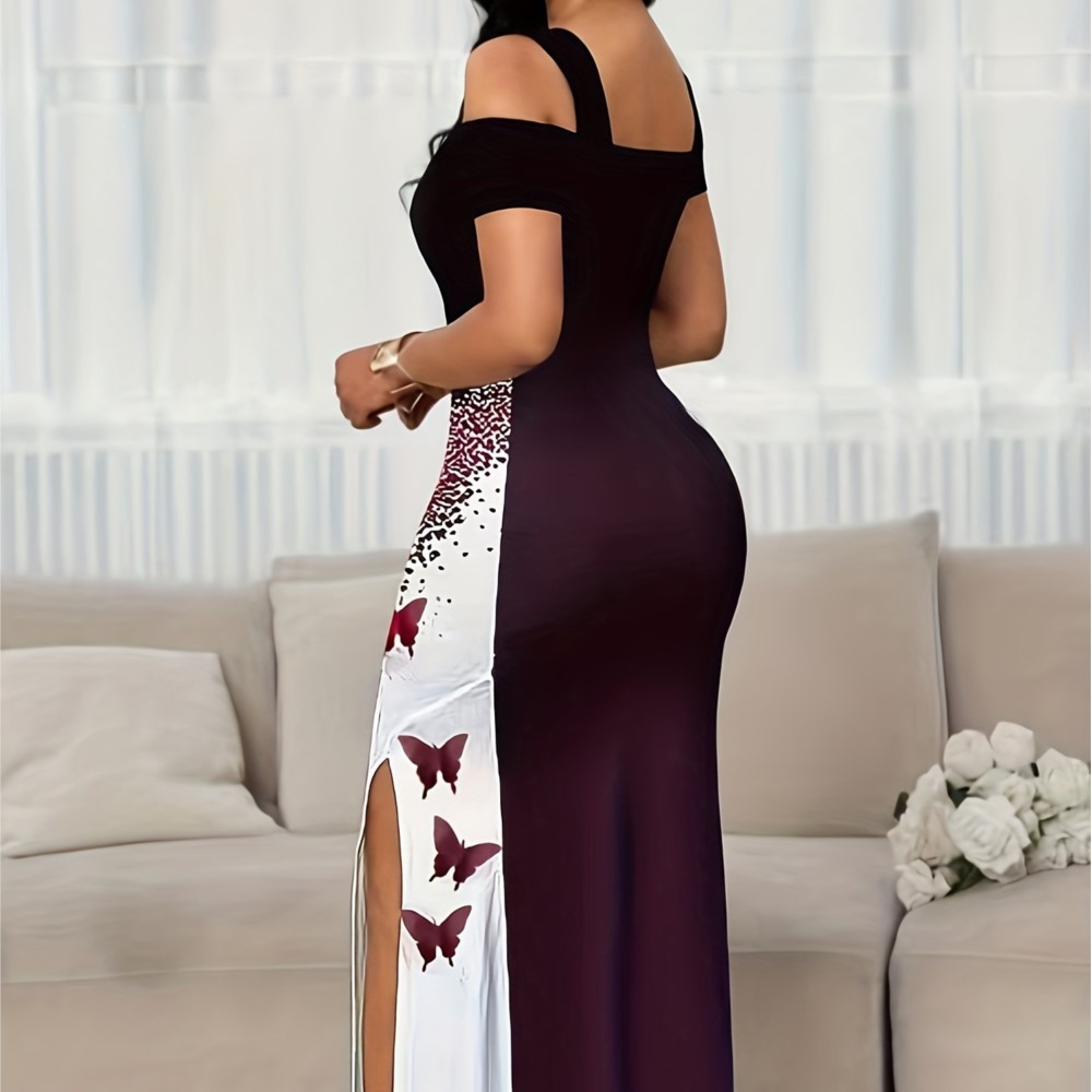 Robe longue d'été élégante et tendance, coupe ajustée, imprimée, style décontracté, col en V, épaules dénudées, fente, taille mi-haute, sans manches