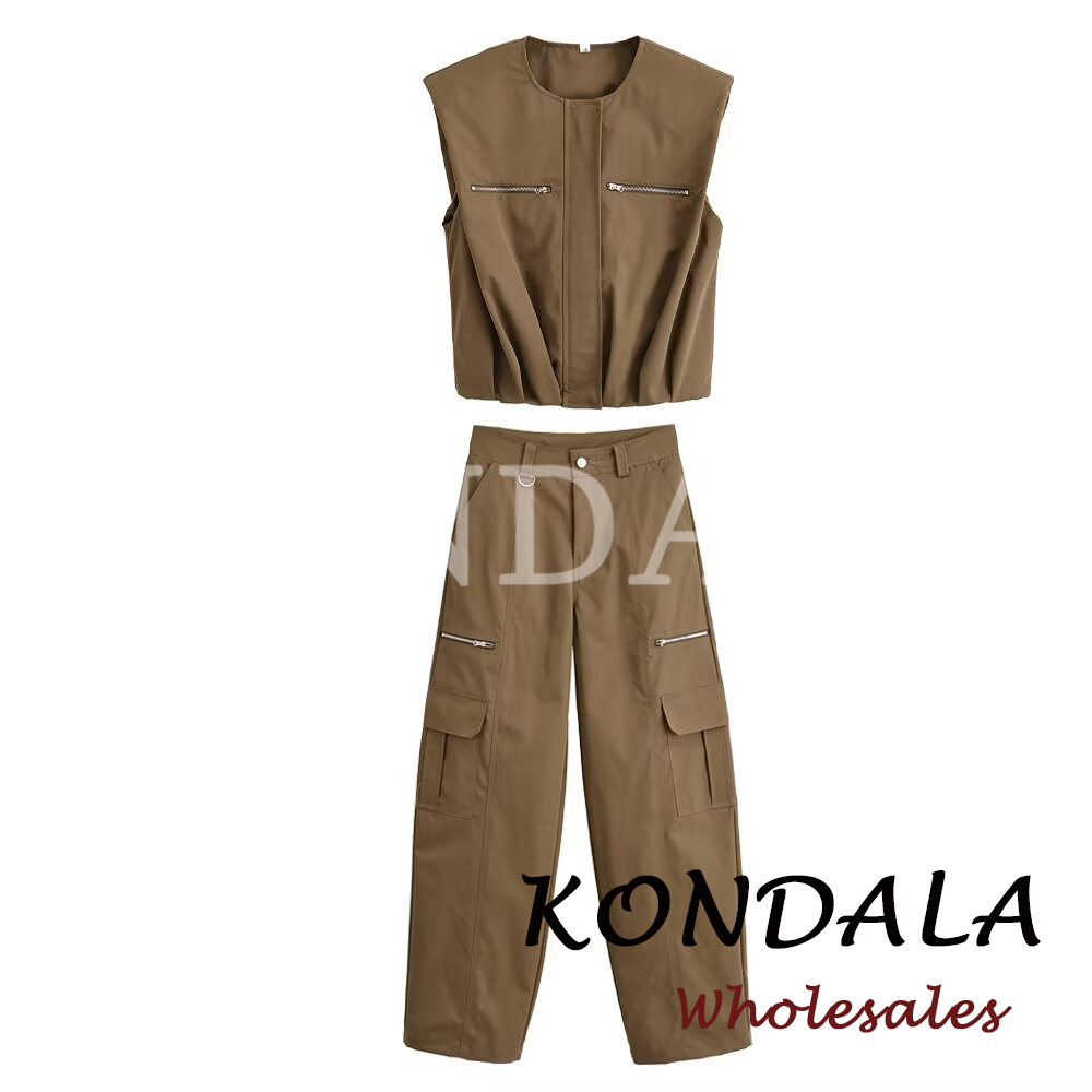 KONDALA Mode 2026 – Nouveauté : Ensemble décontracté vert armée pour femme, col rond, gilet plissé ample + pantalon long à poches, style vintage chic