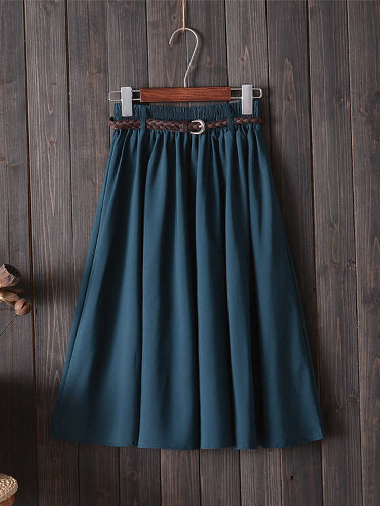 Midi genou longueur jupe d'été femmes avec ceinture mode coréenne dames taille haute plissée a-ligne jupe d'école femme