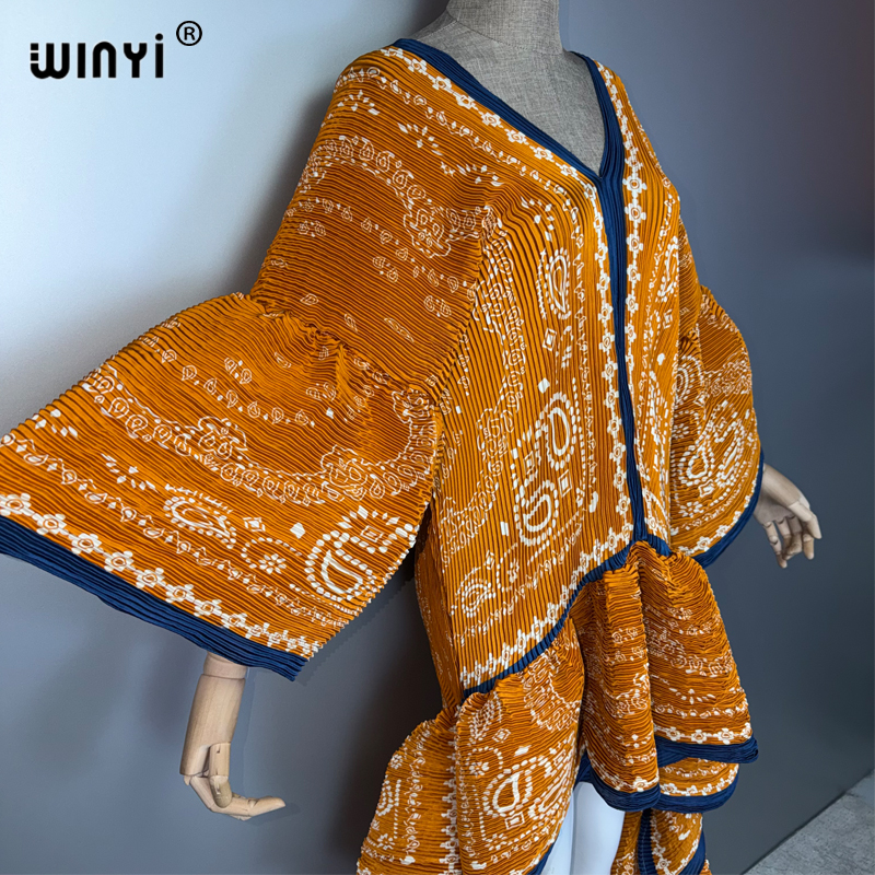 WINYI Robe plissée élastique et ajustée de style bohème pour femmes musulmanes, Kaftan Abaya, tenue de plage, longue robe de soirée de luxe de Dubaï