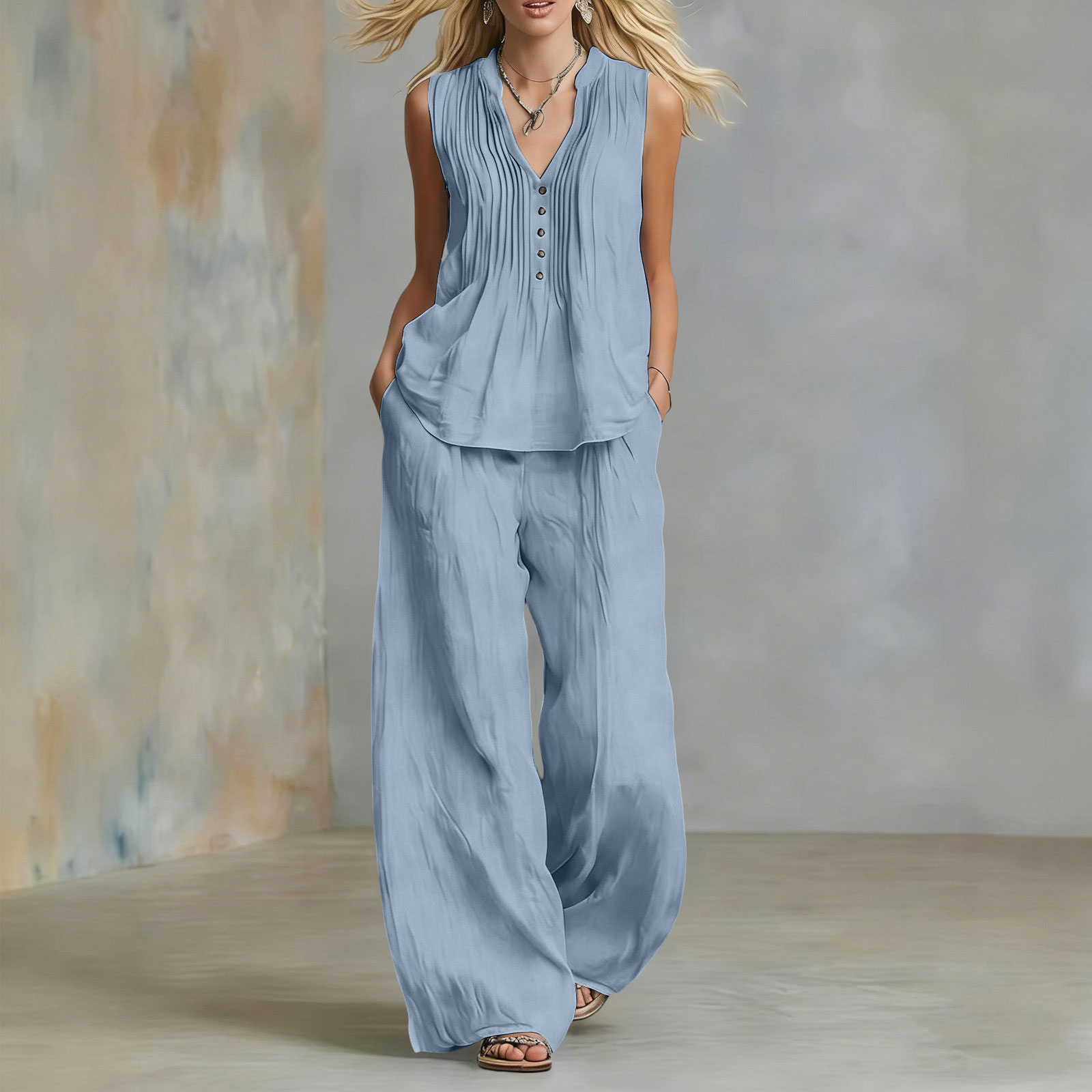 Ensemble deux pièces décontracté pour femme : Gilet sans manches et pantalon long à jambes larges, col en V, couleur unie, pour l'été