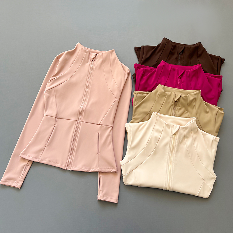 Veste de yoga zippée pour femme, col montant, manches longues, coupe ajustée, avec poches et trous pour les pouces, pour le fitness, la course et les activités sportives