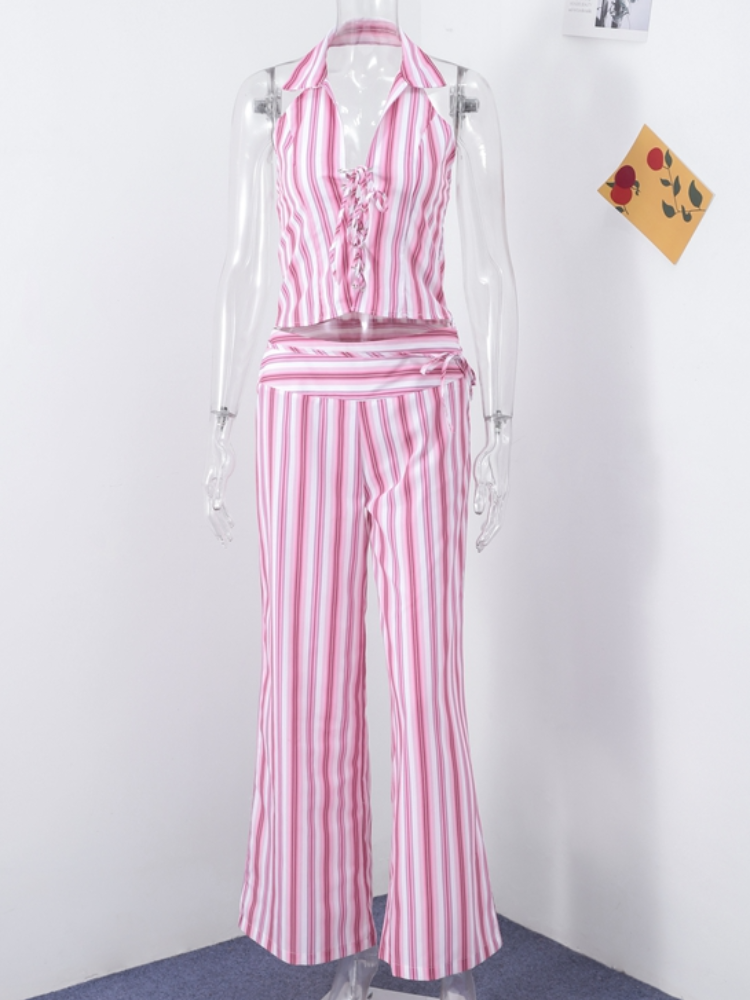 Ensemble pantalon et veste à lacets rayés pour femmes, haut chic sans manches et dos nu, pantalon taille haute, costumes, nouvelles tenues streetwear pour femmes
