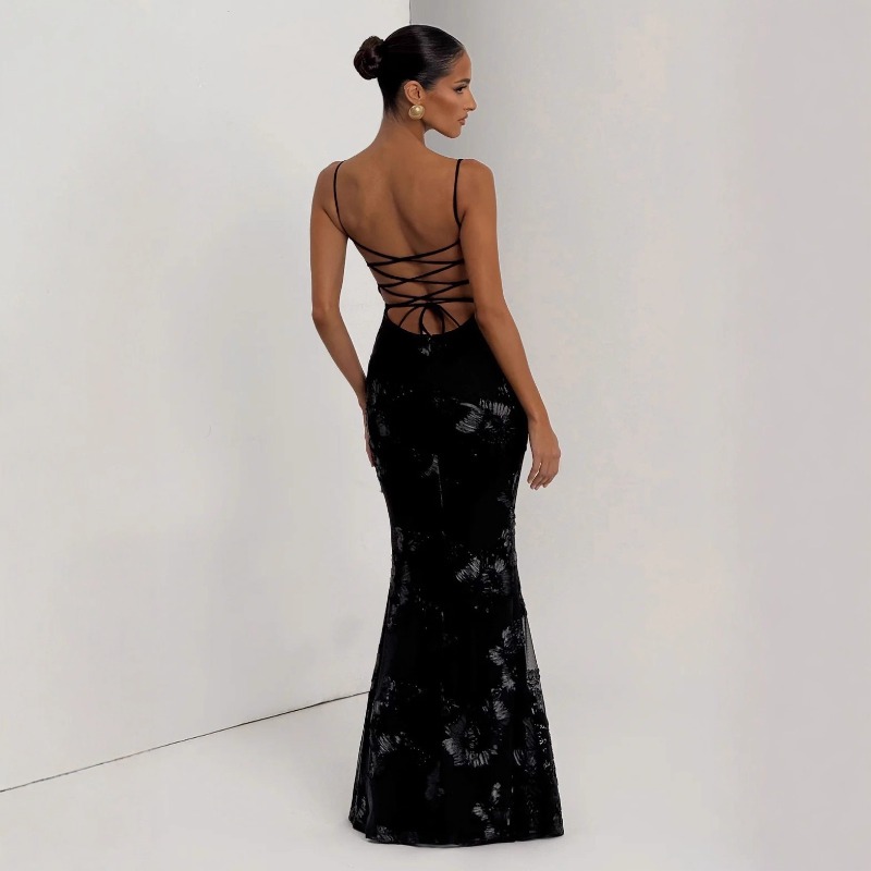 Robe de soirée sirène élégante et luxueuse à imprimé floral, dos nu en maille, avec corset et liens, coupe ajustée, longueur maxi