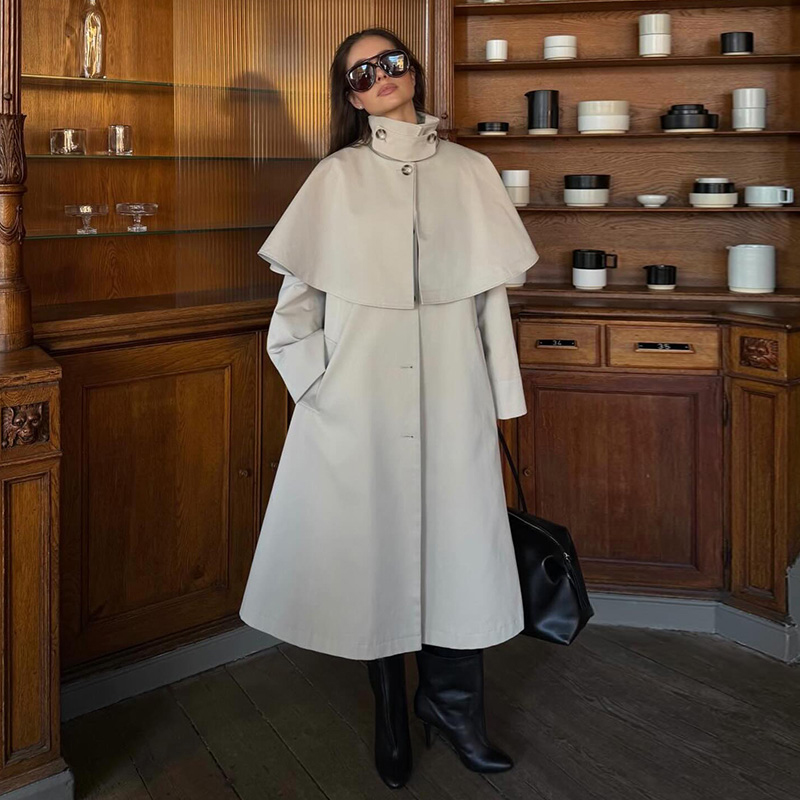 Manteau Trench pour Femme à Col Montant Amovible, Longueur Midi, Coupe Décontractée, Simple Boutonnage, Poches Latérales