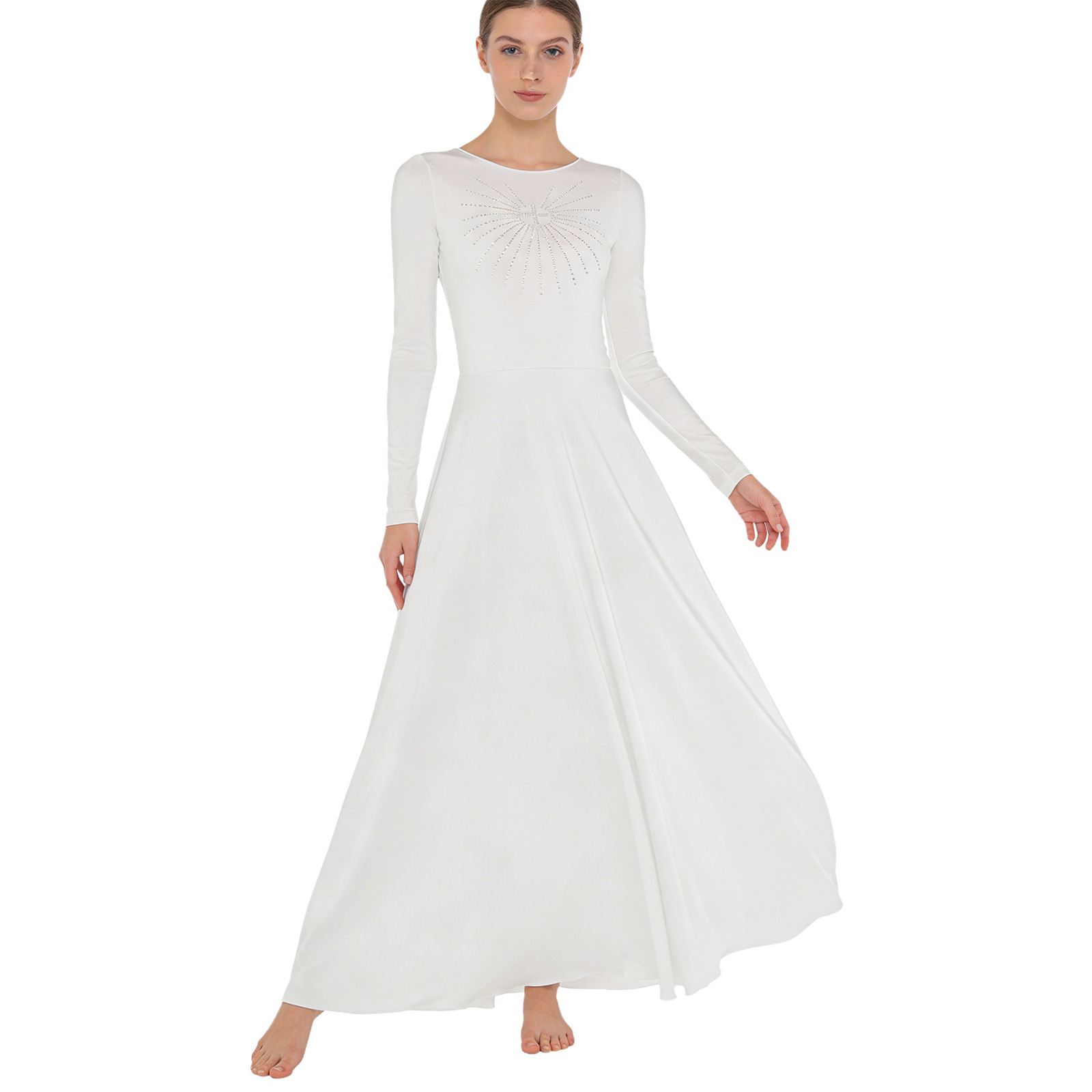 Robe de danse liturgique pour femmes, robe longue à manches longues avec strass, robe tunique pour événements, prière, église, chorale, culte