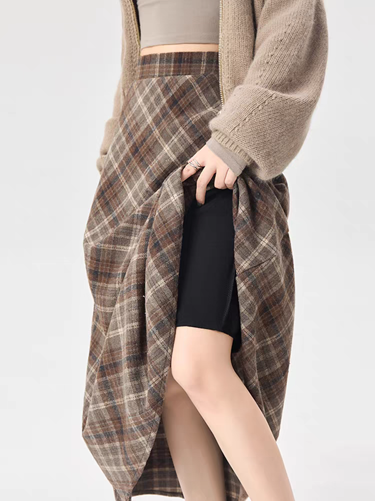 Jupe Madi trapèze à carreaux doux avec taille élastique, jupes évasées taille haute pour femmes, confort extensible, automne hiver 2025