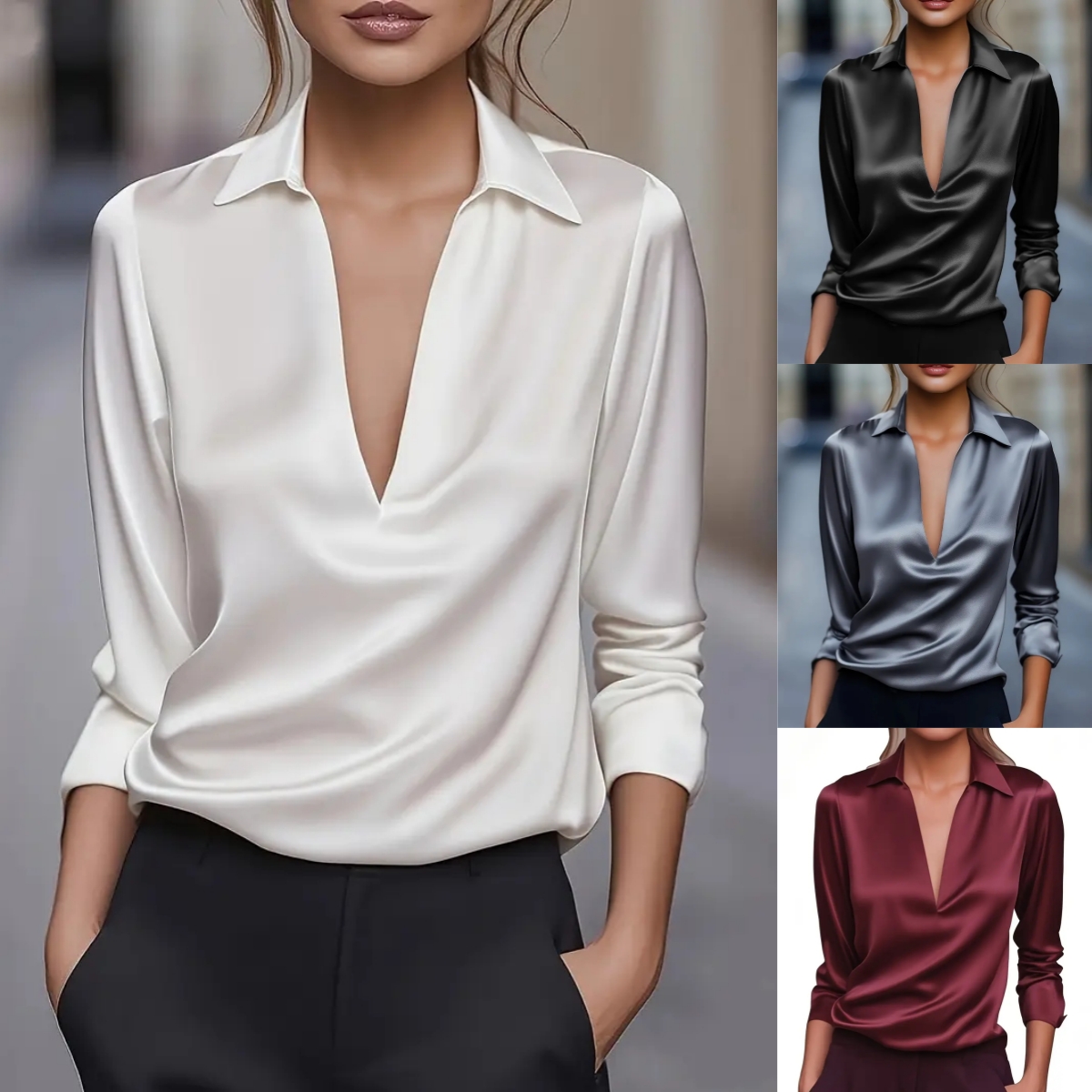 Chemise de travail en Satin pour femmes, élégante et habillée, unie, moderne, décontractée, manches longues, col, hauts réguliers