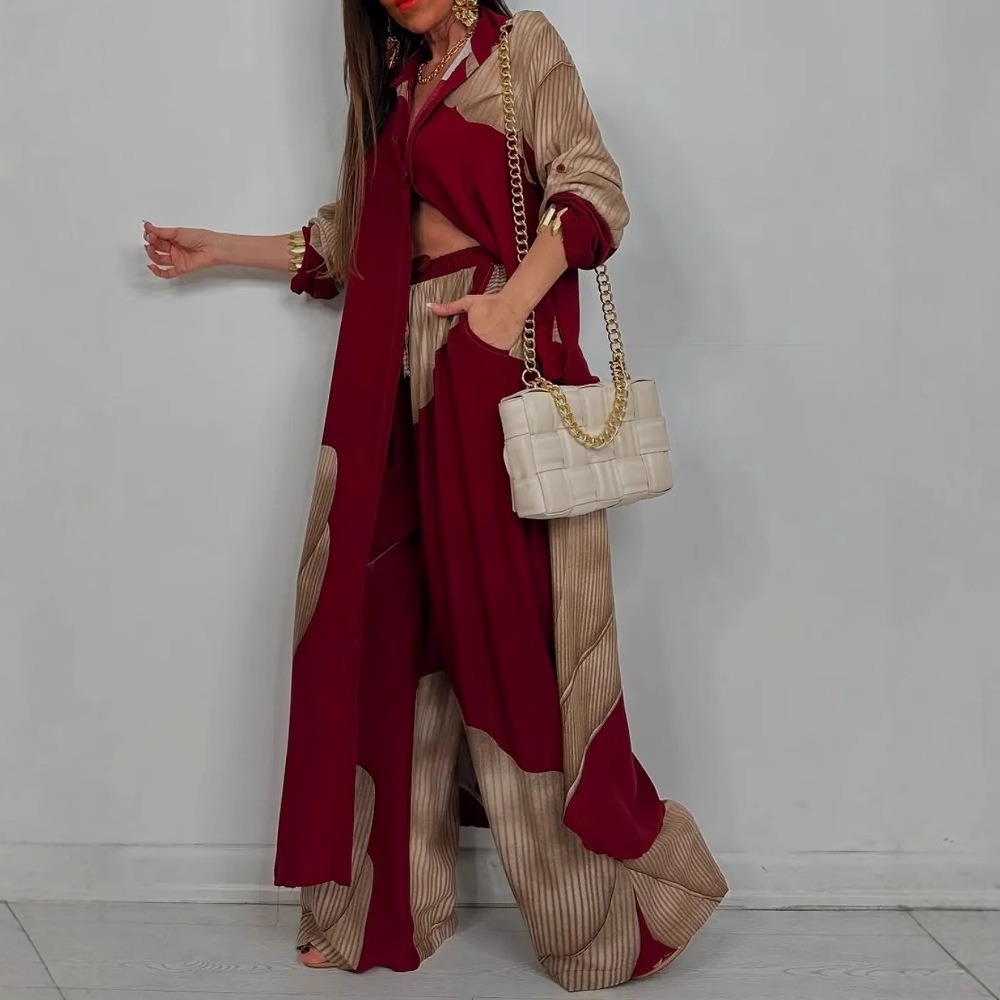 Mode ample imprimé 2 pièces ensemble femmes simple boutonnage Cardigan Robe pantalon à jambes larges décontracté deux pièces tenue femme Robe