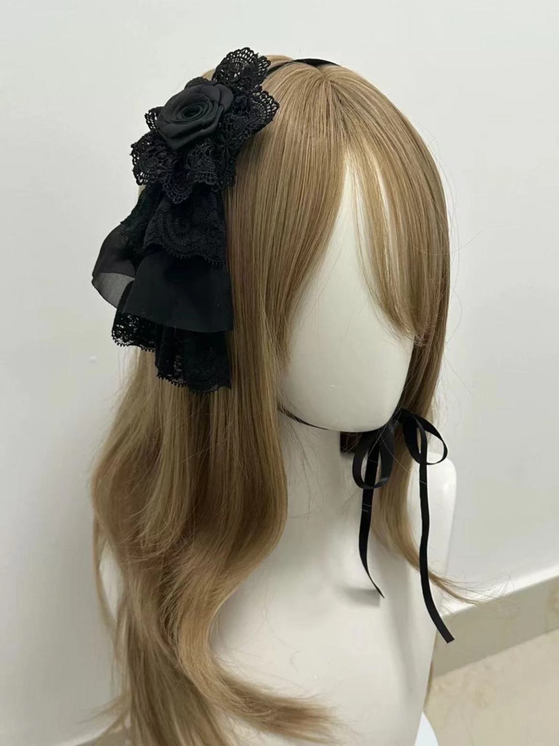 Femmes Original fait à la main mignon Harajuku noir/blanc Lolita à la main dentelle arc fleur bandeau de cheveux chapeaux accessoires