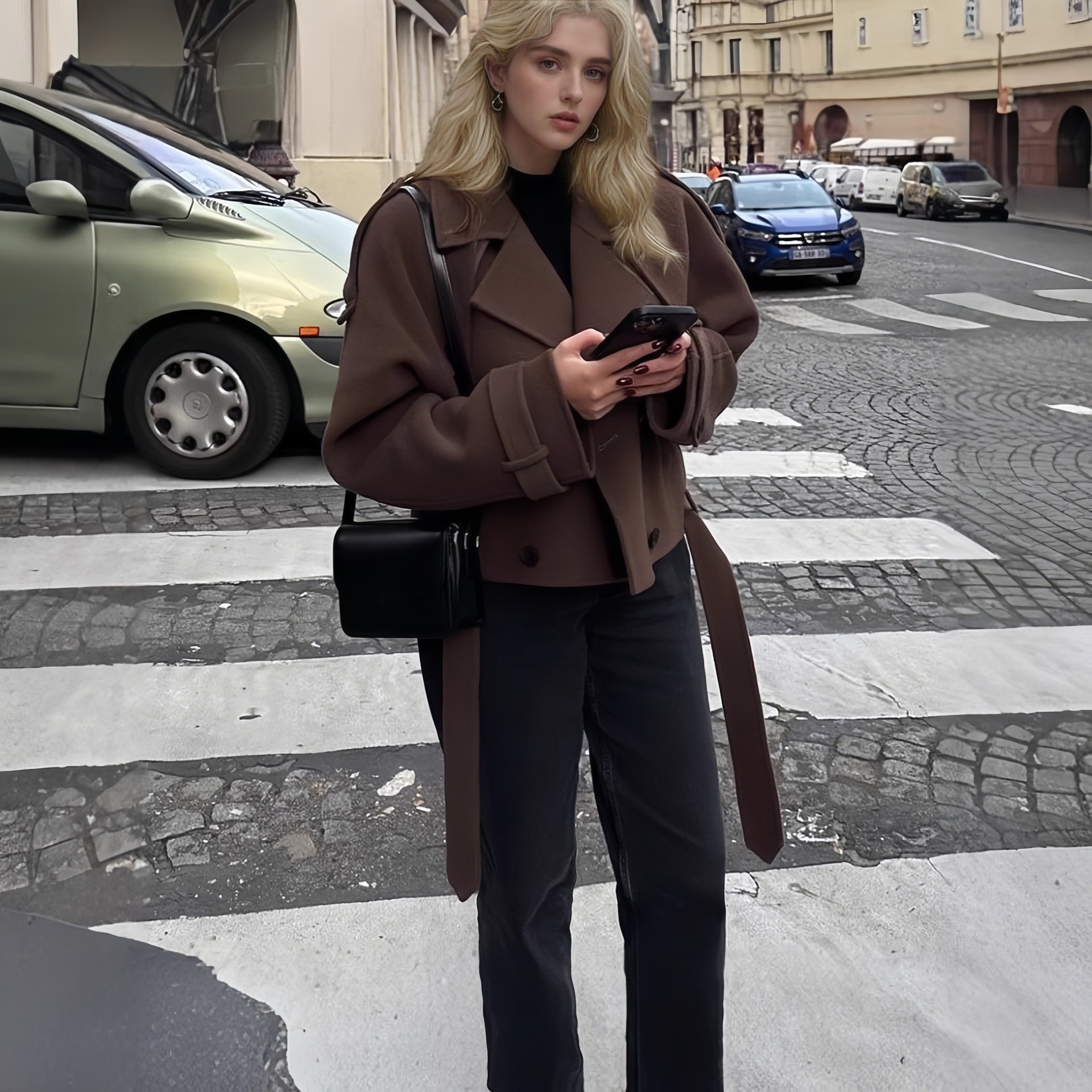 Manteau femme 2026 décontracté 2025 Nouveau manteau court en laine à grand revers avec ceinture, veste à la mode, vêtements pour femmes