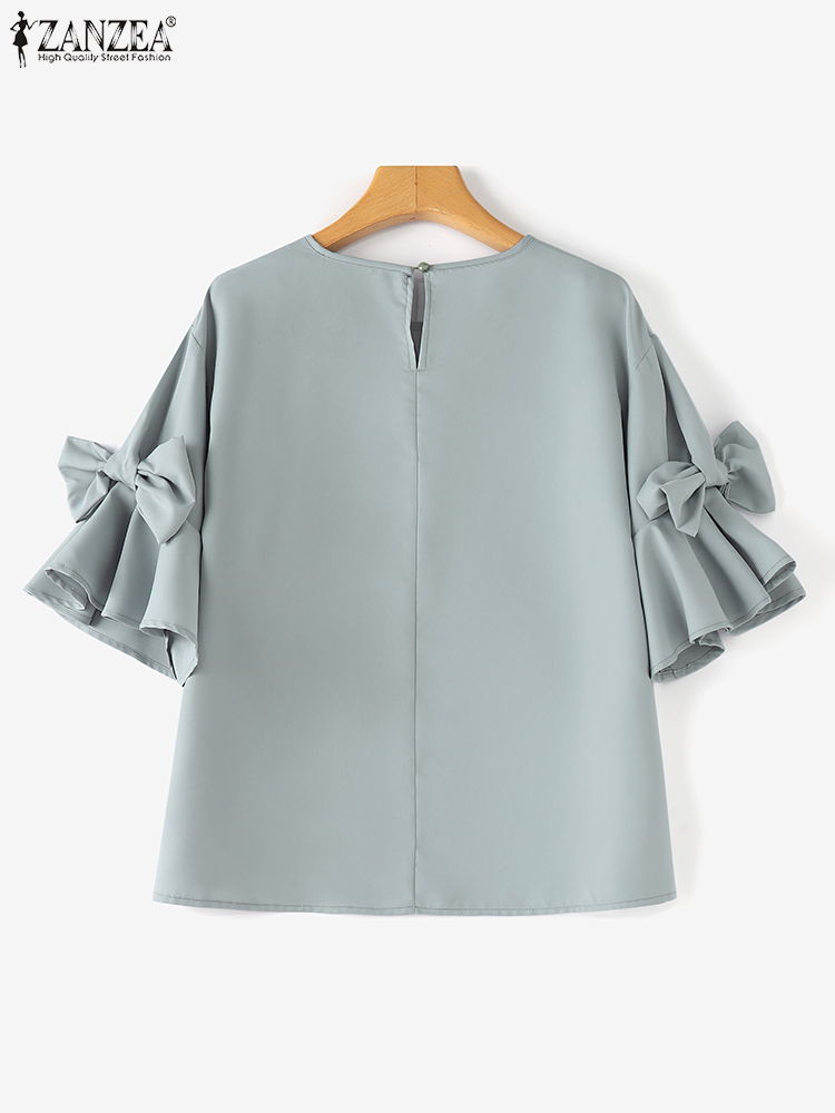 ZANZEA femmes coréen volants en mousseline de soie Blouse automne élégant lanterne à manches courtes hauts printemps chemise Vintage nœud papillon Patchwork tunique