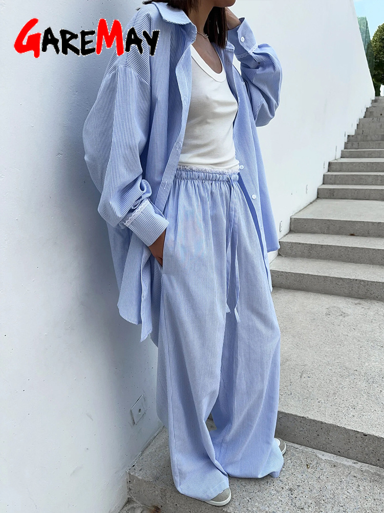Costume d'été pour femmes avec pantalon et chemise en coton, costume classique deux pièces, chemise à manches longues pour femmes, costume rayé rose pour femmes