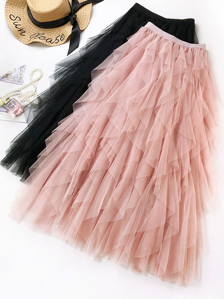 Mode Tutu Tulle jupe femmes longue Maxi jupe 2024 printemps été coréen noir rose taille haute jupe plissée femme