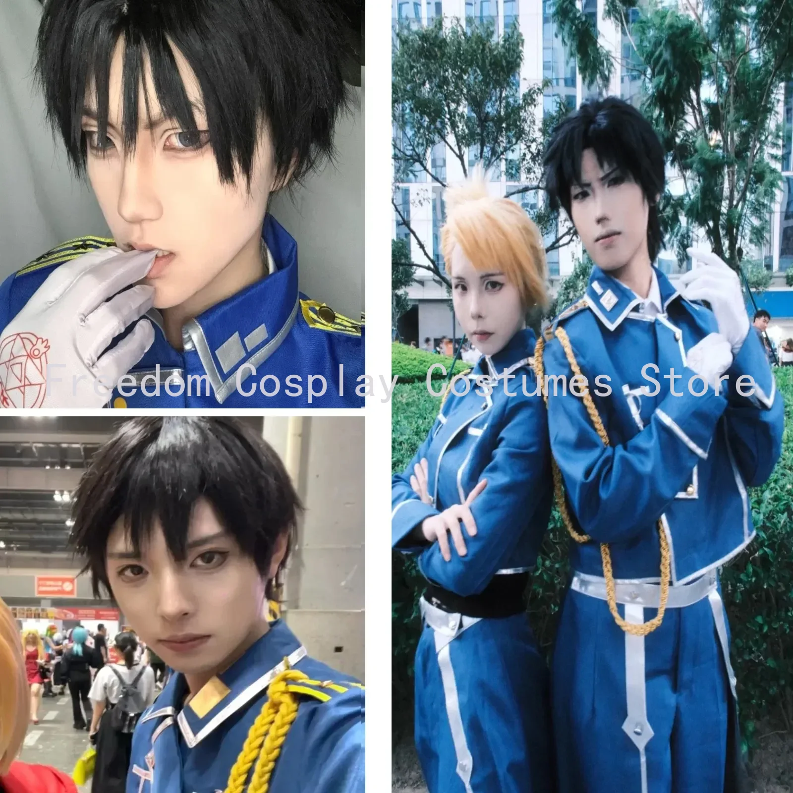 Roy Mustang Anime Fullmetal Alchemist Cosplay Costume pour homme, uniforme avec perruque, manteau militaire bleu, exposition de jeu, tenue de fête sur scène