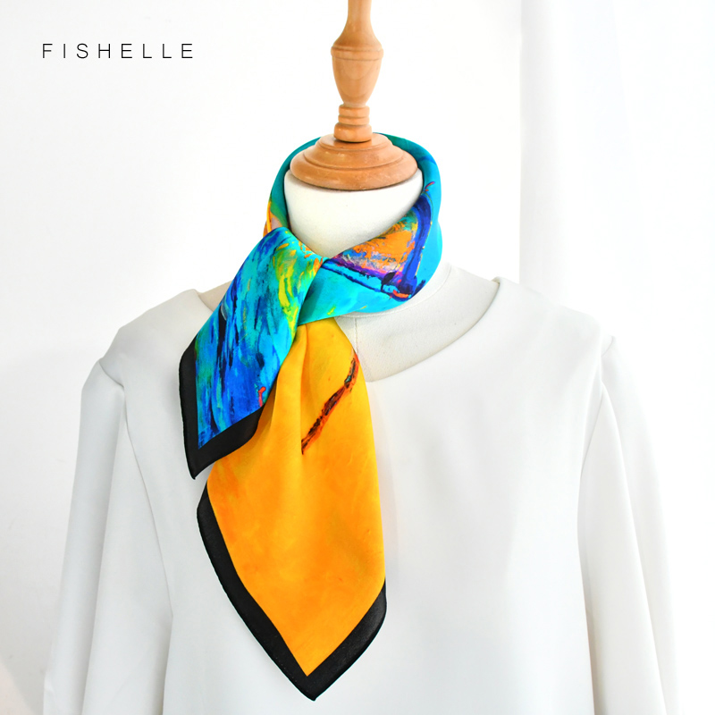 Foulards en soie naturelle pour femmes, peinture à l'huile, bleu et jaune, satin de soie véritable, petit carré de 50cm, écharpe fine, hijab pour dames, printemps