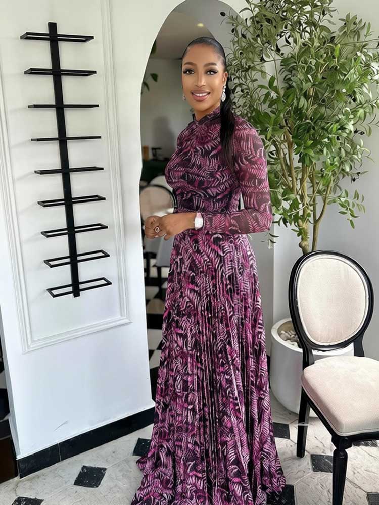 Robe longue à manches longues pour femme, imprimée, élégante, plissée, amincissante à la taille, vente en gros, livraison directe