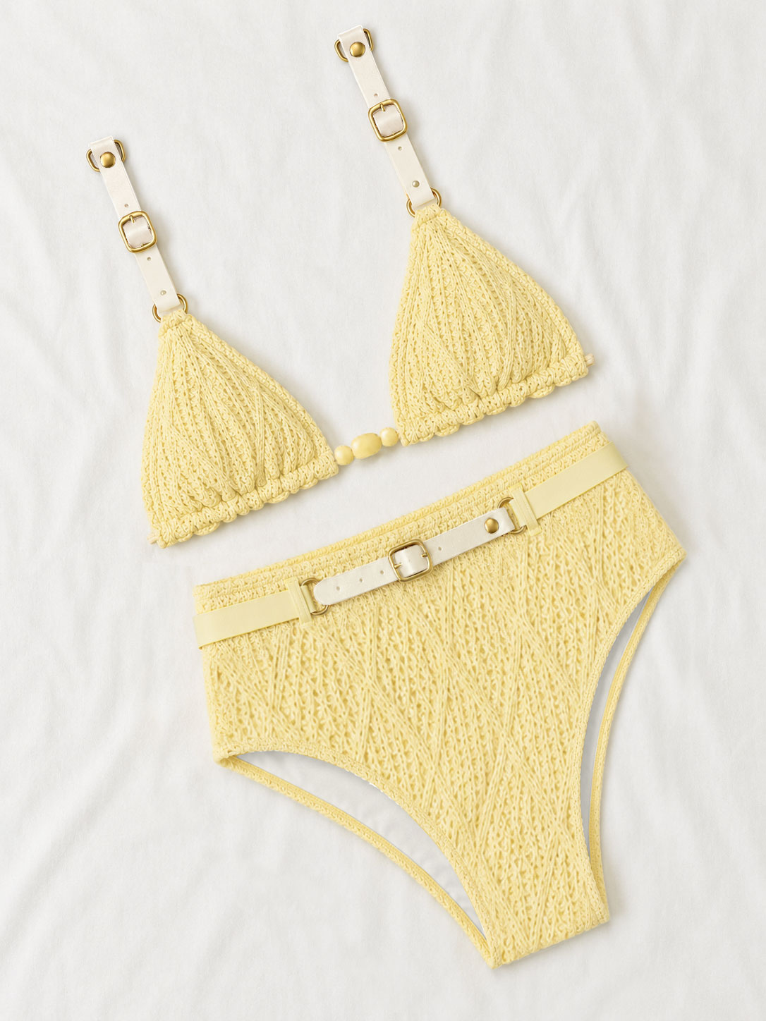 Bikini Triangle Élégant en Maille pour Femme, Maillot de Bain Tendance avec Boucles en Cuir, Biquini Taille Haute pour Femme