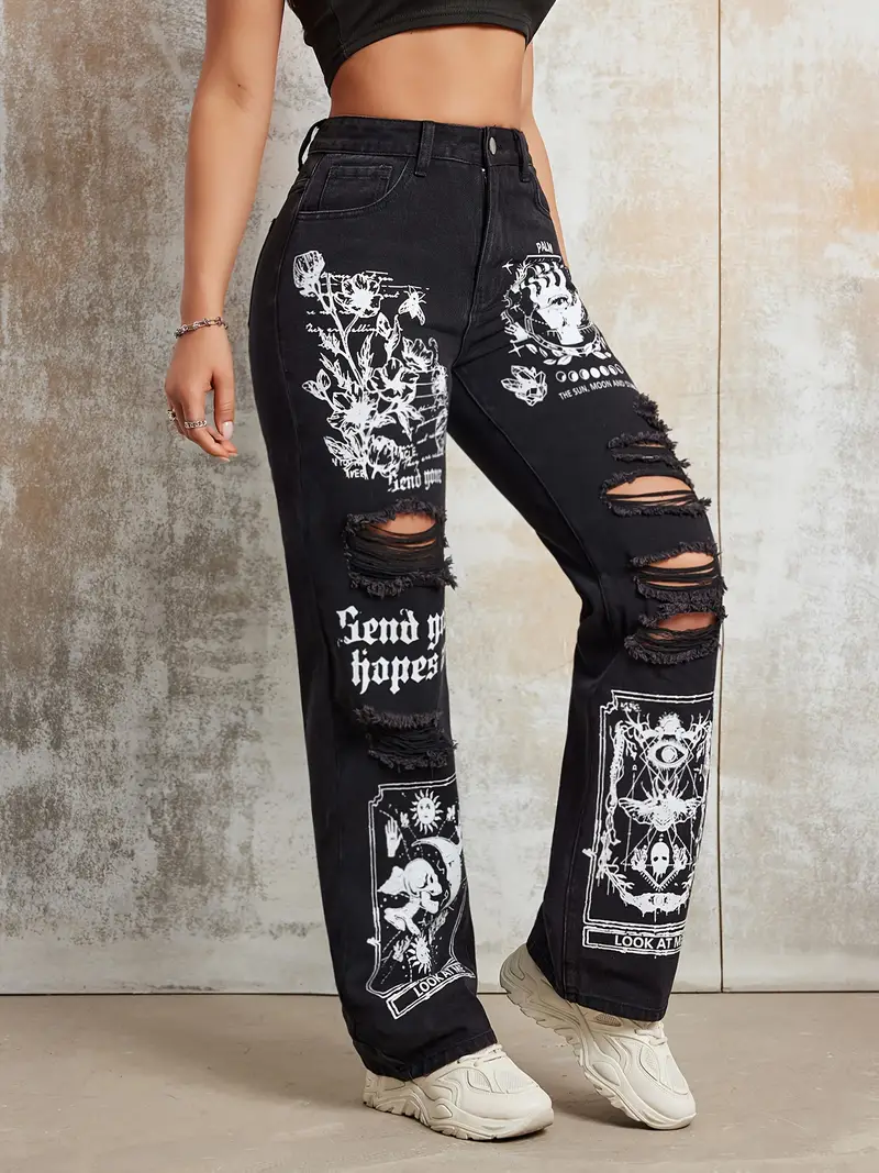 2025 nouveau Style femmes jean femmes printemps et automne nouvelle vente chaude rue INS même Style imprimé déchiré jean droit