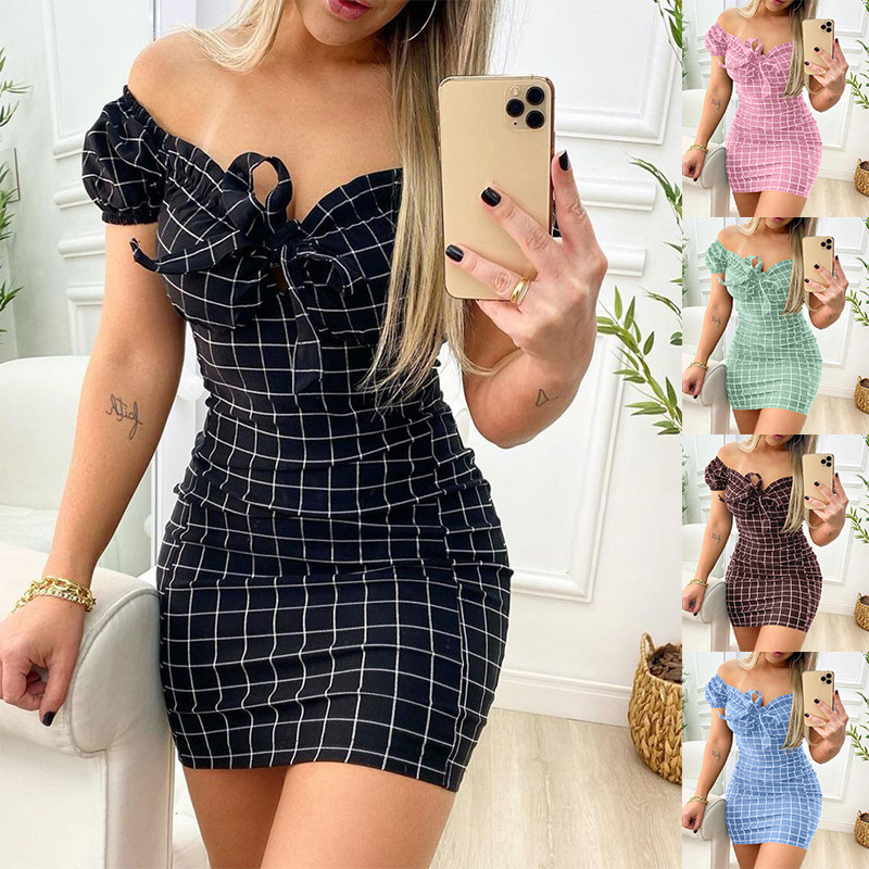 Robe d'été sexy, jupe courte avec fesses, robe imprimée à grille transfrontalière