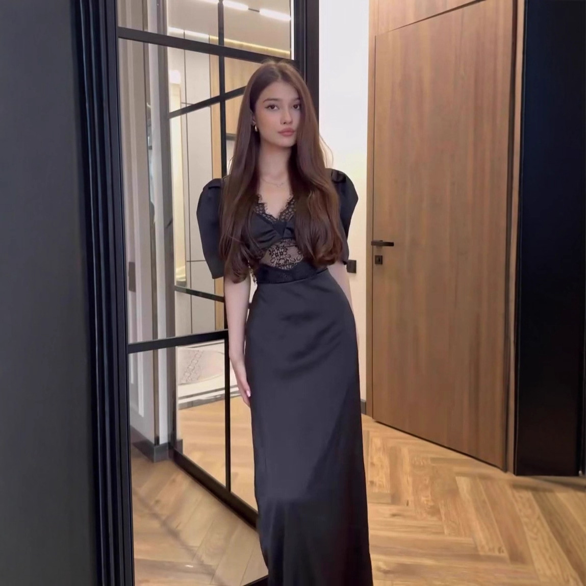Robe longue de soirée sexy en dentelle pour femme, style Y2K, collection 2026, à pois, manches courtes, avec laçage, pour l'Aïd