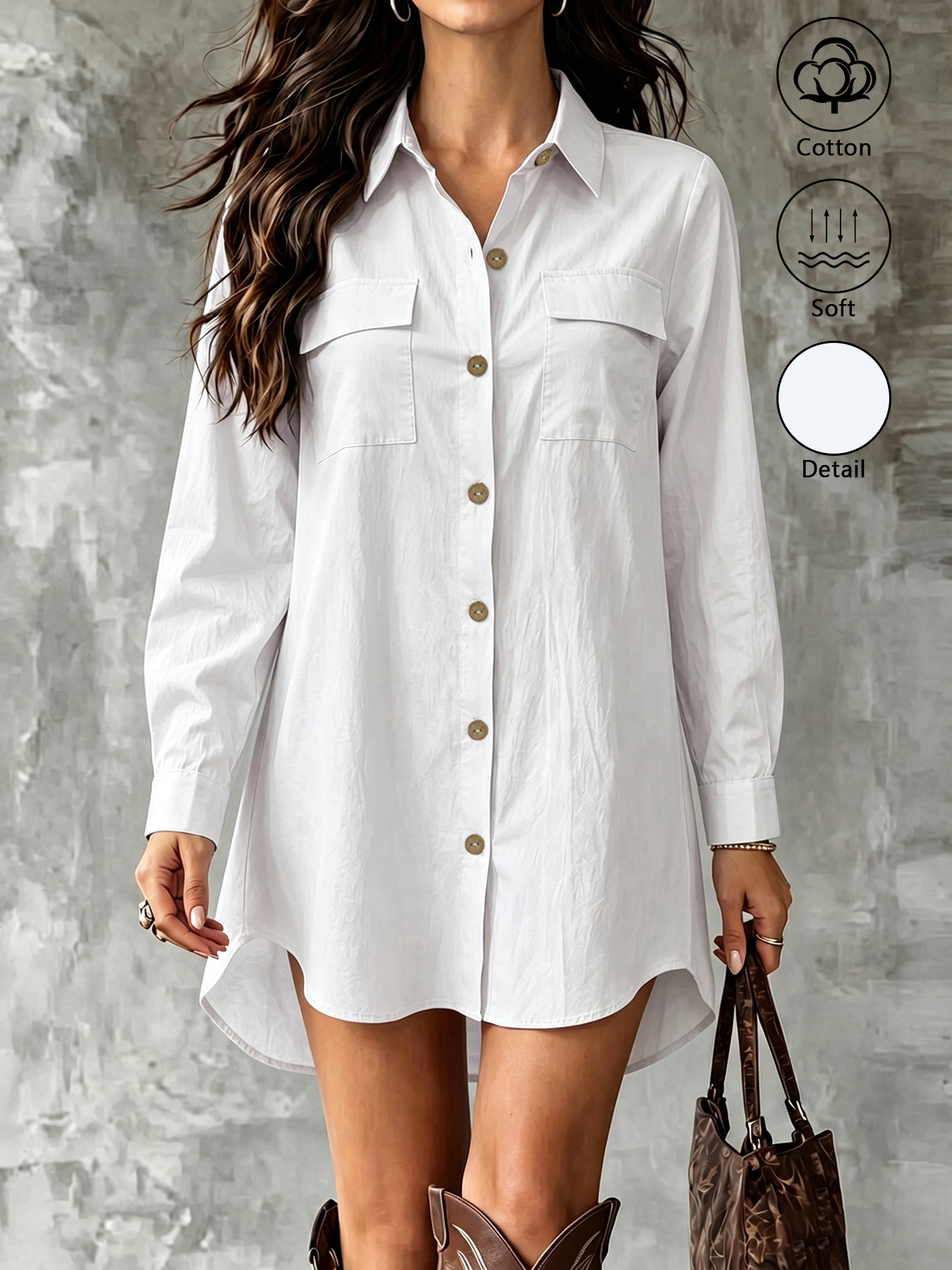 Robe chemise pour femme 100 % coton à manches longues, avec col, fermeture boutonnée, poche poitrine et ourlet asymétrique.