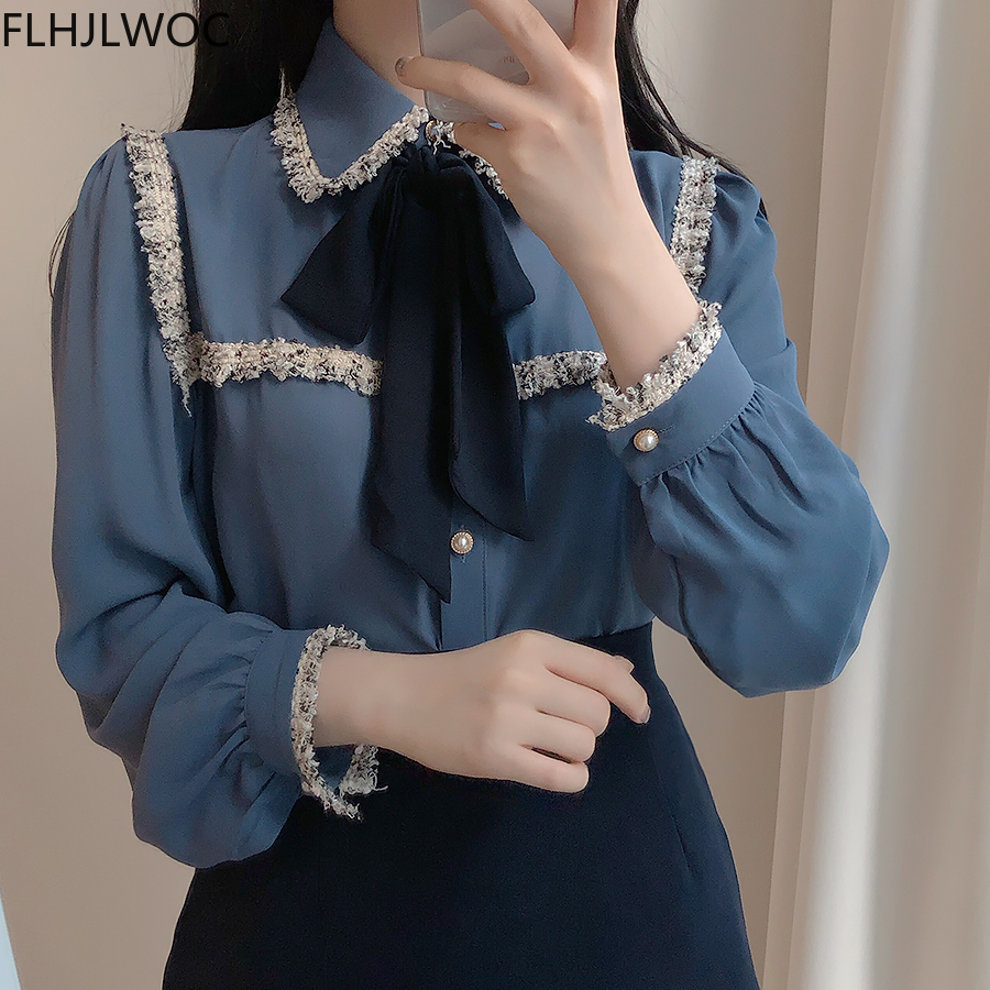 Chemisiers de style vintage pour femmes, nœud mignon, ruban aught, bouton de conception japonaise et coréenne, chemises formelles élégantes, blanc, bleu, 2409