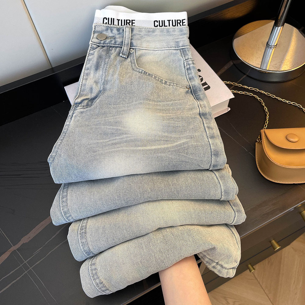 Pantalon en jean bleu clair décontracté pour femme, style rétro, pantalon Spice Girls, taille haute, printemps automne, design à lettres brodées
